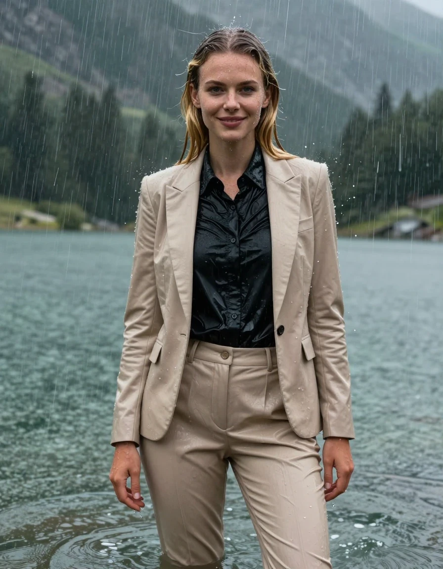 A full-body shot of a young European woman with long, layered blonde hair styled with a side parting, standing in deep water at a mountain lake during a heavy rainstorm. She is wearing a beige business suit jacket over a black button-down long-sleeve shirt and matching beige business suit trousers. The clothing is completely soaked and drenched, with the fabric clinging tightly to her body; the beige suit and black shirt are darkened by water, showing heavy wet folds, damp fabric textures, and translucent areas on the shirt where it adheres to her skin. Her skin and hair are glistening with water, featuring a realistic wetlook sheen. She has an open-eyed, gentle smile, looking directly ahead while being showered by intense, heavy rain. The atmosphere is stormy and cinematic, with water droplets spraying and creating ripples in the lake. 4k high resolution, hyper-realistic wet skin and fabric textures, detailed water-saturated clothing, dramatic natural lighting, sharp focus on subject and wet textures.