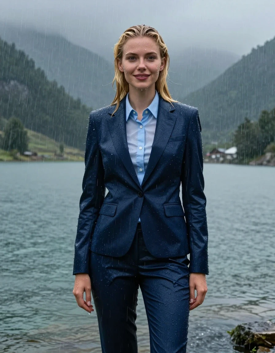 A stunning, full-body photorealistic shot of a young European woman with long, layered blonde hair in a side parting, standing in the deep, cold water of a mountain lake during a heavy rainstorm. She is fully clothed in a dark blue business suit, consisting of a tailored dark blue business suit jacket and a light blue button-down long-sleeve shirt, paired with matching dark blue business suit trousers. The entire outfit is completely soaked, fully drenched, and heavy with water, with the fabric clinging tightly to her body and becoming translucent, revealing the textures underneath. Her skin and hair are glistening with water, with droplets and a visible sheen from the heavy rain. She is smiling slightly with her eyes wide open, caught in the middle of the downpour. The environment is a dramatic mountain lake landscape under a stormy, overcast sky with visible rainfall. The lighting is natural and moody, highlighting the damp, heavy fabric of the suit, the dark saturation of the wet clothes, and the intricate folds and creases formed by the water weight. Shot in 4k high resolution, capturing every detail of the wet skin, clinging fabric, and atmospheric rain.