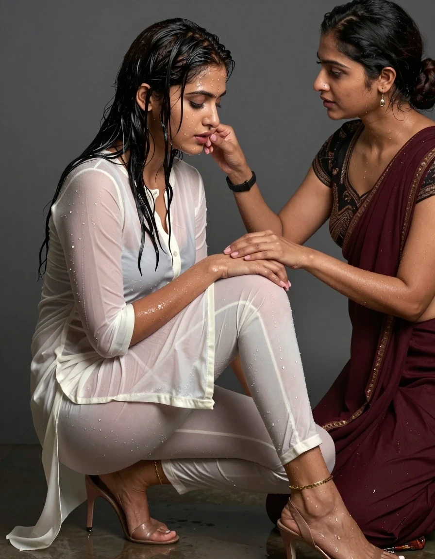 photo of young woman, in soaking wet, drenched clothes,
Stilletto heels, Leggings , Kurti, , 
enjoying, wet clothes stuck to body,
detailed textures of the wet clothes, wet face, wet plastered hair,
wet, drenched, professional, high-quality details, full body view.
sharp focus, ultra-high pixel detail, realistic, high-quality, full colors, incredibly detailed, 4k, 8k, 16k, hyper-realistic, RAW photo, masterpiece, ultra-detailed, professionally color graded, professional photograph, watch,  straight silky hairstyle , side hair part,  plain hem, gold thin chain, another women in western revealing clothes  seduces the model, wet skin, wet clothes, damp fabric