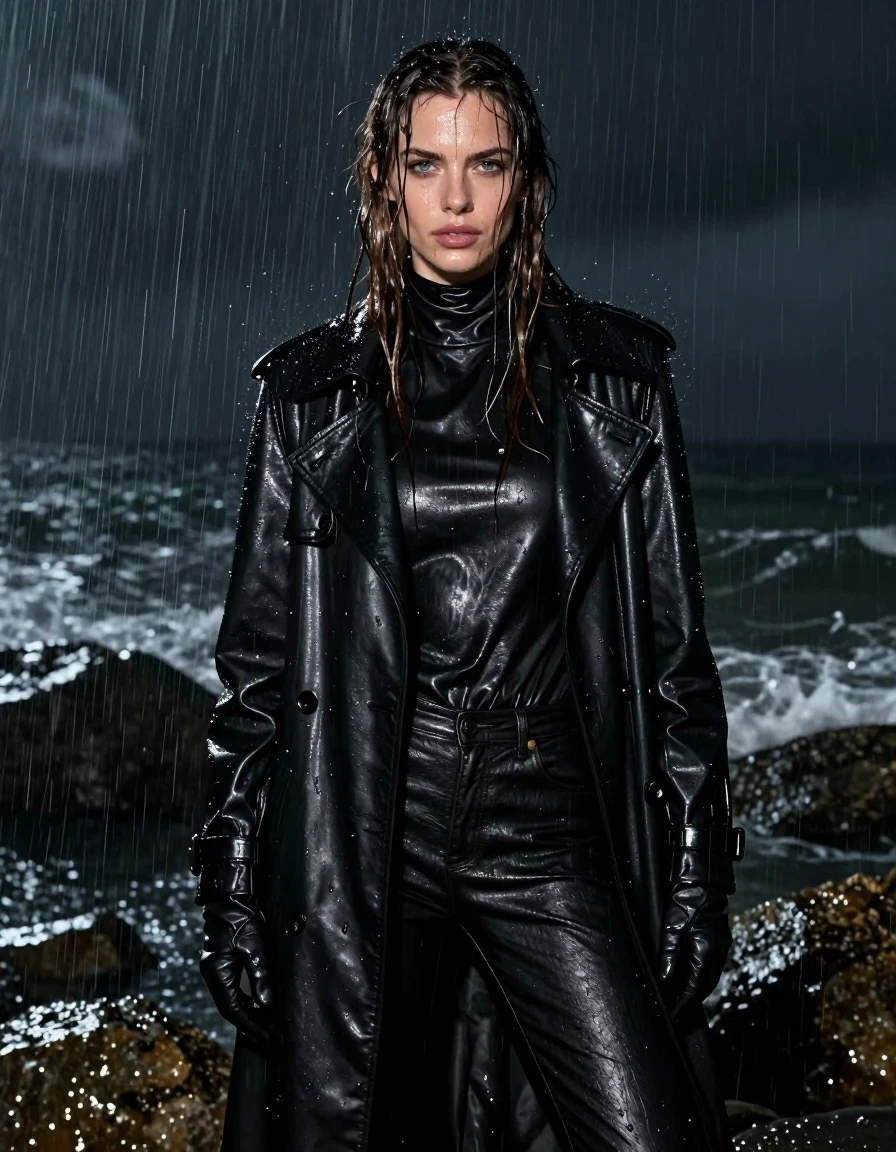 A photorealistic medium shot of a young adult European woman with long, dripping wet brown hair, standing in a rocky ocean cove at night during heavy rain. She is drenched, with water cascading down her skin and heavy, soaked clothing. She wears an oversize black leather polar neck shirt, a black leather trench coat, black leather gloves, and black leather jeans. Her skin is glistening with a wet sheen, and the leather garments show deep, saturated black tones with heavy water runoff, visible folds, and intense specular reflections from the rain. The atmosphere is dark and moody, with water dripping continuously over her, clinging fabric, and a high-contrast environment. Professional cinematic photography, 8k resolution, sharp focus on textures, hyper-realistic wet skin and fabric details, dramatic lighting from the stormy night sky, no nudity, fully clothed.