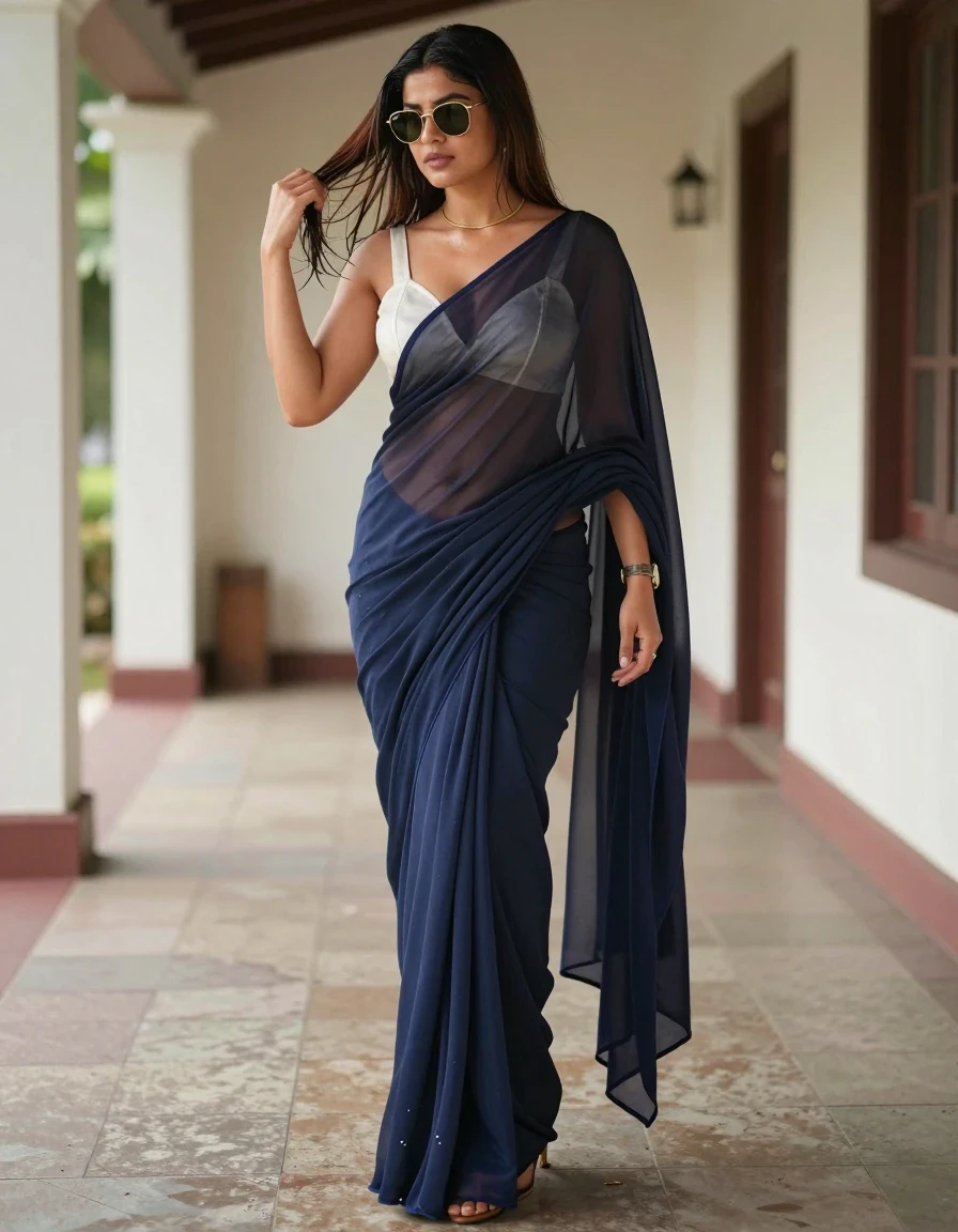 A photorealistic medium shot of a 20-year-old Australian woman with a straight silky hairstyle and a side hair part, standing in a sunlit portico. She is wearing a single-color saree with an open pallu, paired with a smooth transparent chiffon blouse. She has a gold thin chain around her neck and is wearing Meta Ray-Ban sunglasses and a wristwatch. She is styled in stiletto heels. The subject is captured in a candid moment while styling her hair. The environment is an elegant portico. The lighting is bright and natural, highlighting the textures of the chiffon and the sharp lines of the sunglasses. The composition is clean, focused on the subject's upper body and fashionable attire, ensuring a sophisticated aesthetic.