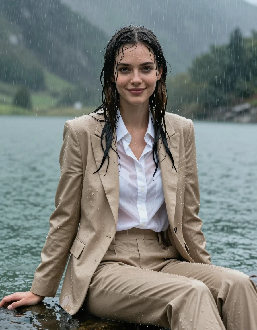 A stunning, high-resolution full-body portrait of a young European woman with a long layered cut and side-parted hair, sitting in the deep water of a mountain lake during a heavy rainstorm. She is wearing a fully soaked beige business suit consisting of a tailored beige jacket and matching beige trousers, worn over a white button-down long-sleeve shirt. The fabric is completely drenched, clinging to her body, with the white shirt becoming translucent and the beige suit darkening significantly due to heavy water saturation. Her skin is glistening with wetness, and her hair is plastered to her head and shoulders by the rain. She is sitting in the water, looking directly at the camera with a gentle, slight smile, her eyes wide open. The scene is captured in a torrential rainstorm, with heavy rain showering down, creating a realistic wetlook effect with damp, heavy fabric textures and glossy water sheen on her skin and clothing. The background features a moody, atmospheric mountain lake landscape. 4k, hyper-realistic, cinematic lighting, sharp focus on skin texture and fabric weave.