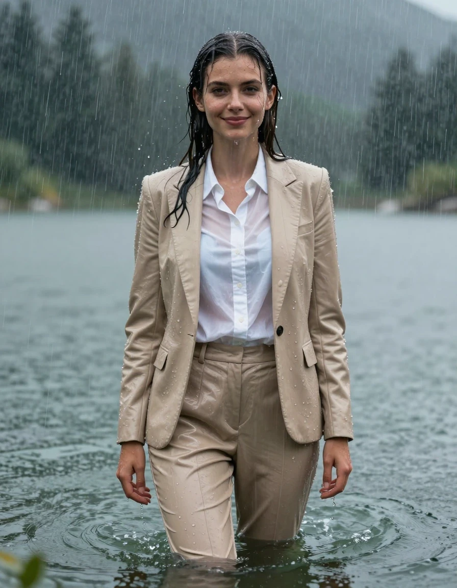 A stunning young European woman with a long layered cut and side-parted hair, standing fully upright in the deep, cold water of a mountain lake during a torrential rainstorm. She is wearing a beige business suit jacket over a white button-down long-sleeved shirt and matching beige business suit trousers. The entire outfit is completely soaked and fully drenched, with the heavy, damp fabric clinging tightly to her body; the white shirt is wet and translucent, revealing skin beneath. She has a gentle smile, open eyes, and her skin and hair are glistening with water sheen and rain droplets. The scene captures the intense wetlook of the heavy downpour, with the beige fabric darkened by saturation, heavy folds, and water-logged texture. Full-body view, hyper-realistic, 4k high resolution, cinematic lighting, dramatic rain atmosphere, wet skin, wet clothes, damp fabric, clinging to body, high-contrast water reflections.