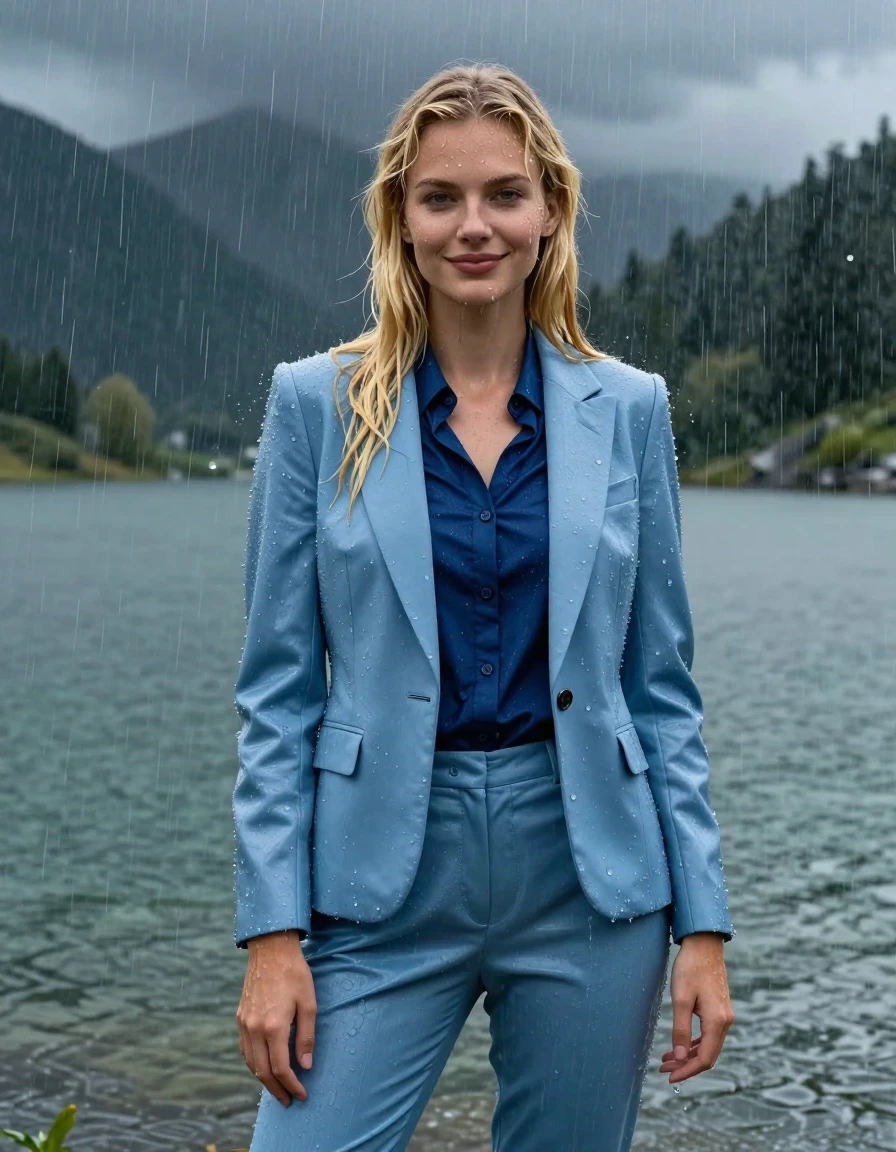 A stunning, photorealistic full-body portrait of a young European woman with long layered blond hair and a side parting, standing in the middle of a serene mountain lake during a heavy rainstorm. She is wearing a light blue business suit jacket over a dark blue button-down long-sleeve shirt and matching light blue business suit trousers. Every garment is completely soaked, drenched, and heavy with water, with the fabric clinging tightly to her body and becoming translucent in areas. Her skin is glistening with wetness, and her hair is matted and dripping. She is smiling softly with her eyes open, fully immersed in the downpour. The lighting is moody and atmospheric, reflecting the storm clouds above. The environment features dark, dramatic water ripples and heavy rain streaks, 4k high resolution, hyper-detailed wet textures, water sheen on skin, deep saturation in damp fabric, realistic folds and clinging fabric, cinematic photography.