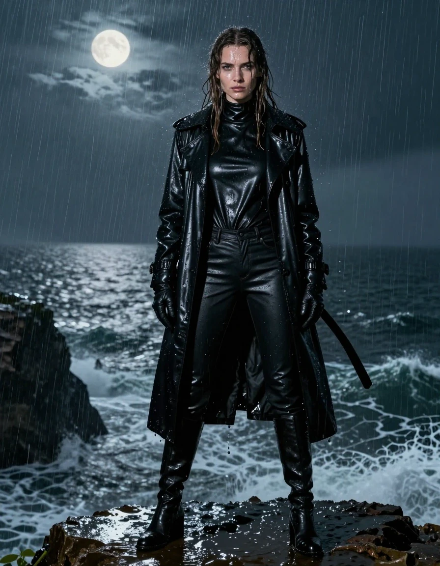 A photorealistic full-body shot of a young adult European woman with long, dripping wet brown hair, standing on a jagged cliff edge overlooking a turbulent ocean at night during a heavy rainstorm. She is wearing an oversize black leather polar neck shirt, black leather jeans, a black leather trench coat, black leather knee-high boots, and black leather gloves on both hands. Her skin is glistening with rainwater, and her clothes are heavily drenched, with the leather appearing darkened, slick, and heavy with water, showing realistic folds and clinging to her form. The rain is visibly pouring down, creating a sheen of water across her entire attire and skin. The atmosphere is dark and moody, illuminated by cold, ambient moonlight reflecting off the wet surfaces. High-detail photography, 8k, sharp focus, cinematic lighting, dramatic textures, fully clothed, no nudity.