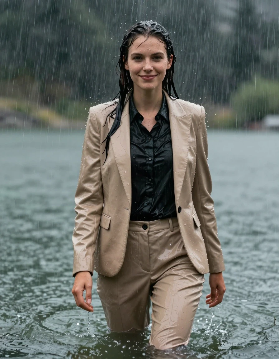 Full body shot of a young European woman with a long layered cut and side-parted hair, standing in deep water at a mountain lake during a heavy rain storm. She is wearing a fully soaked beige business suit jacket over a black button-down long-sleeve shirt, and beige business suit trousers. The clothing is completely drenched, heavy with water, and clinging to her body, with the black shirt becoming translucent from the moisture. Her skin is wet with a natural sheen, and she is smiling slightly with open eyes while showering under the intense rain. The fabrics show deep, saturated tones, dark damp patches, and heavy folds characteristic of soaked business attire. Photorealistic, 4k high resolution, cinematic lighting, high-contrast wetlook, water droplets, realistic textures, detailed wet skin and hair, atmospheric rain environment.