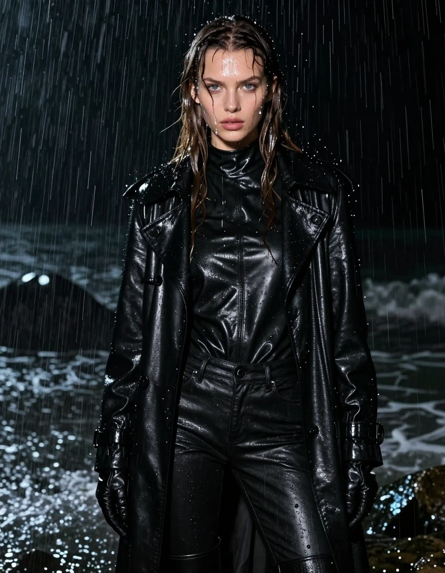 A stunning close-up portrait of a young European woman with long, dripping wet brown hair and glistening, rain-slicked skin, standing in a dark ocean cove at night. She is dressed in an oversize black leather polar neck shirt, black leather jeans, and a long black leather trench coat, with black leather gloves on both hands and black leather knee-high boots. The entire outfit is drenched, featuring heavy, clingy folds and a deep, saturated sheen that reflects the ambient moonlight. Water cascades down her face and clothing, creating a realistic, heavy, and soaked appearance. Intense heavy rain pours around her, with droplets visible in the air. The lighting is moody and cinematic, highlighting the reflective textures of the wet leather and the water dripping from her hair and garment seams. High-detail photographic quality, sharp focus on the textures of the wet leather and hair, no nudity, clean anatomy.