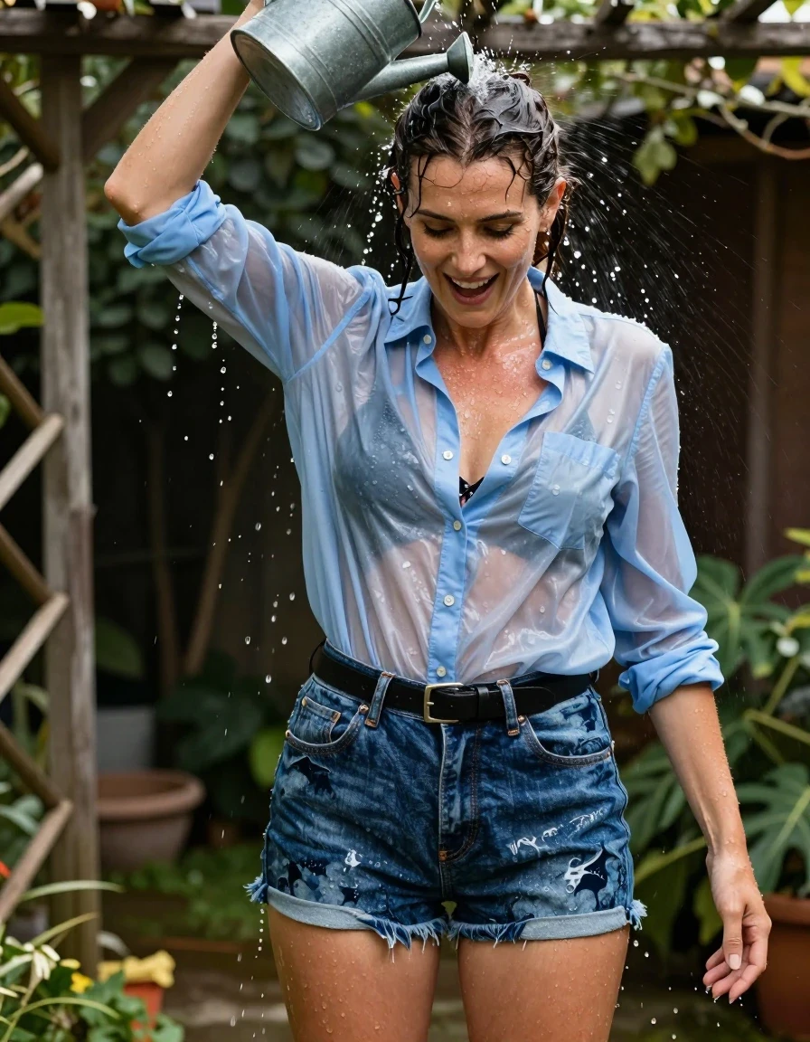 A photorealistic medium shot of a 30-year-old European woman with brunette hair styled in a messy bun, completely drenched, slicked, and dripping with water. She is wearing a light blue button-down shirt that is translucent and clingy from being soaked, revealing a black floral bikini top underneath. She wears denim shorts with a black leather belt; the shorts are soaking-wet blue denim, water-saturated heavyweight denim, blue changed to deep navy and indigo, substantially darker unevenly soaked patches, absorbed water, heavy wet folds, visible weave and stitching, and strong glossy specular reflections on the raised weave, seams, and creases. She is wearing cloth strap sandals. The woman stands in a backyard garden trellis, captured in the moment she has accidentally tipped a watering can directly over her head, her face lit with a look of surprised joy. The lighting is natural garden sunlight, emphasizing the water sheen on her skin and the heavy, clinging texture of her wet clothes. High-resolution photography, sharp focus on the water droplets and fabric textures.