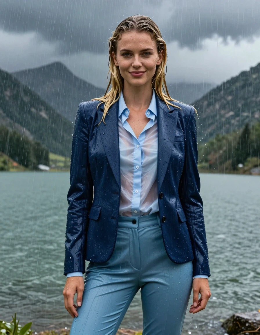 A stunning, full-body portrait of a young European woman with long, layered blonde hair styled with a side parting, standing in the middle of a mountain lake during a torrential rainstorm. She is fully clothed in a dark blue business suit jacket worn over a light blue button-down long-sleeve shirt and matching light blue business suit trousers. The entire outfit is completely soaked, drenched, and heavy with water, with the fabric clinging to her body, the light blue shirt becoming translucent and showing skin texture underneath. Her skin is glistening with a wet sheen, and her hair is plastered to her head and shoulders by the heavy downpour. She is smiling softly with open eyes, looking directly ahead while being showered by the intense rain. The environment is a moody, dramatic mountain lake landscape with dark, stormy clouds and heavy rain streaks visible in the air. High-resolution 4k photography, sharp focus, cinematic lighting, realistic water physics, wet skin, damp fabric with heavy folds and saturated colors, high contrast, professional fashion photography style.