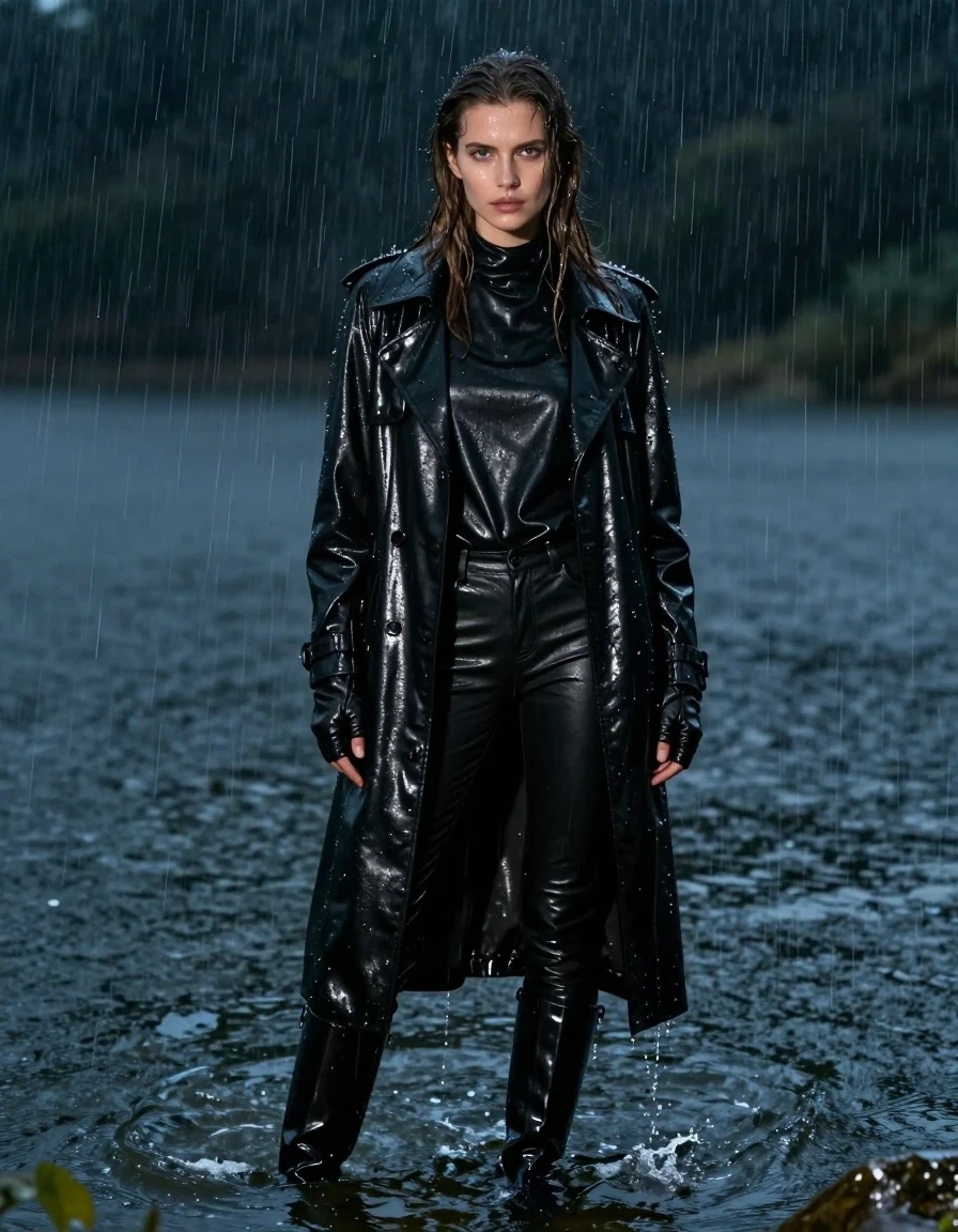 A stunning, photorealistic full-body shot of a young adult European woman with long, dripping wet brown hair, standing deep in a lake at night during a heavy rainstorm. She is wearing an oversize black leather polar neck shirt, a long black leather trench coat, and tight black leather jeans tucked into black leather knee-high boots, with matching leather gloves on both hands. Her skin is glistening with rain, and her leather clothing is heavily drenched, featuring deep, dark tones, visible water sheen, heavy clinging folds, and bright specular reflections from the rainfall. The atmosphere is dark and moody, with rain-slicked surfaces and water splashing around her as she stands in the lake. The image is captured with professional cinematography, focusing on the texture of the soaked leather and the intense wet aesthetic, ensuring clean anatomy throughout, with no nudity and no skin exposure beyond the face and hands.