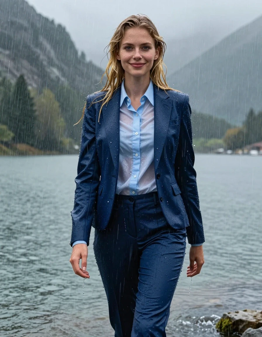 A stunning, full-body photorealistic portrait of a young European woman with long layered blond hair styled with a side parting, standing in the middle of a cold mountain lake during a heavy rainstorm. She is smiling gently with open, expressive eyes. She is wearing a dark blue business suit jacket over a light blue button-down long-sleeve shirt and matching dark blue business suit trousers. The woman and her clothing are completely soaked and fully drenched, with the heavy rain creating a powerful wetlook effect. The business suit fabric is heavily water-saturated, clinging tightly to her body, with the light blue shirt becoming translucent and revealing texture underneath. The dark blue trousers and jacket exhibit deep color shifts, heavy wet folds, and damp fabric clinging to her legs and torso. Her skin is glistening with water, and her hair is matted and dripping. The surrounding environment features a misty, dramatic mountain lake under a storm, with intense downpour and water splashing around her. High-resolution, 4k, cinematic lighting, sharp focus on the textures of the clinging wet fabric and the sheen on her skin, realistic atmospheric rain effects.