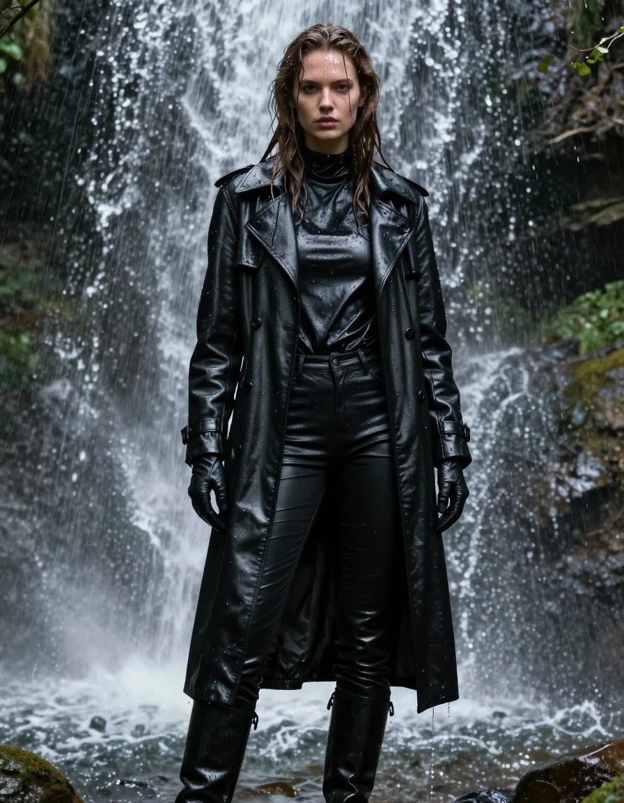 A photorealistic full-body shot of a young adult European woman with long, dripping wet brown hair, standing directly under a powerful waterfall in a lush forest. Her skin is glistening with water, and she is wearing a complete outfit of black leather: an oversize black leather polar neck shirt, black leather gloves, a long black leather trench coat, and black leather jeans, finished with black leather knee-high boots. The leather is heavily drenched, exhibiting deep, rich saturation, realistic clinging to her form, heavy water-saturated folds, and intense glossy specular reflections and water sheen across all surfaces. The model is completely soaked, with water streaming down her face, hair, and clothing. The atmosphere is damp and moody, with mist and cascading water droplets surrounding the subject. High-contrast cinematic lighting highlights the texture of the wet leather and the cascading water, sharp focus, 8k resolution, highly detailed skin texture, non-nude, fully clothed.