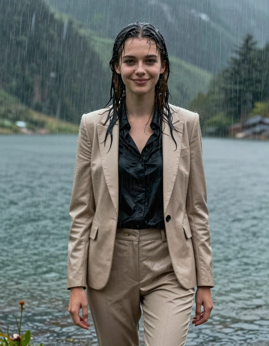 A stunning, photorealistic full-body portrait of a young European woman with a long layered haircut and a side parting, standing in the middle of a deep mountain lake during a torrential rainstorm. She is wearing a beige business suit jacket over a black button-down long-sleeve shirt, paired with beige business suit trousers. Every element is completely soaked, drenched, and saturated with water; the beige fabric is darkened and clinging tightly to her frame, with the black shirt becoming translucent under the heavy downpour. Her skin is glistening with wetness, and her hair is matted and slicked by the rain. She is smiling softly with open eyes, looking towards the camera while caught in the storm. The lighting is moody and natural, reflecting off the water-drenched surfaces, with high-contrast wet skin and damp, heavy fabric textures. 4k resolution, hyper-realistic, cinematic atmosphere, sharp focus on the water droplets and soaking textures.