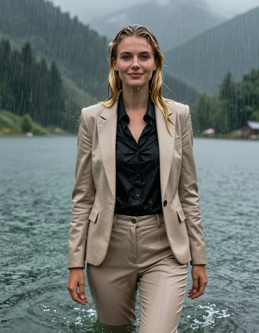 Full body photorealistic shot of a young European woman with long layered blonde hair in a side parting, standing in a mountain lake during a heavy rainstorm. She is wearing a beige business suit jacket over a black button-down long-sleeve shirt, paired with beige business suit trousers. The woman is completely soaked, fully drenched, and standing in deep water while showering under the torrential rain. Her clothes are heavy with water, clinging tightly to her body, with the fabric of the black shirt becoming translucent from the saturation. Her skin and hair are glistening with intense wet sheen, with water streaming down her face and body. She has a slight, serene smile with wide-open eyes. The scene is set in a dramatic mountain lake environment under dark, stormy skies. The lighting highlights the texture of the damp, heavy fabric, the deep color shifts caused by the moisture, and the glossy specular reflections on her wet skin and clothing. 4k high resolution, hyper-realistic, cinematic lighting, extreme wetlook detail.