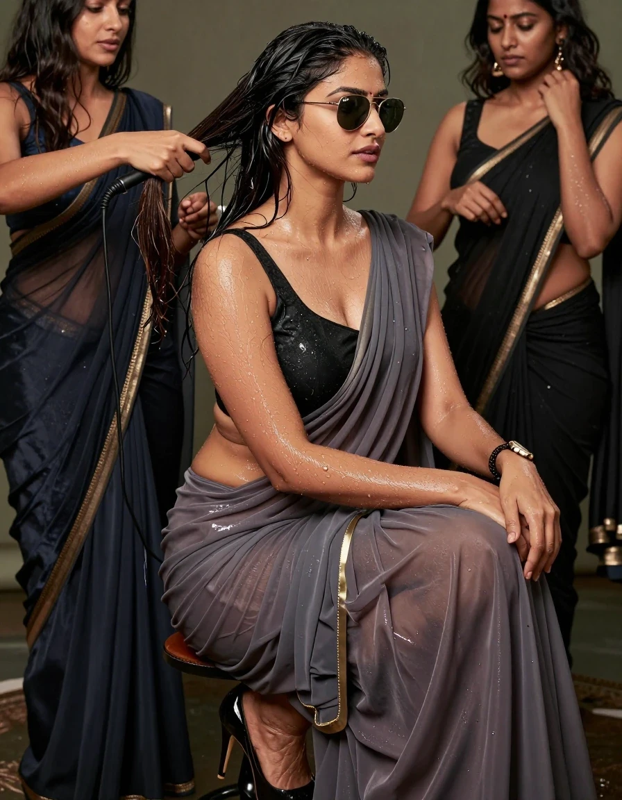 photo of young woman, in soaking wet, drenched clothes,
Stilletto heels, , Smooth transparent chiffon salwar, blouse, Styling her hair with hair straightener portico,women, Australian model, 
enjoying, wet clothes stuck to body,
detailed textures of the wet clothes, wet face, wet plastered hair,
wet, drenched, professional, high-quality details, full body view.
sharp focus, ultra-high pixel detail, realistic, high-quality, full colors, incredibly detailed, 4k, 8k, 16k, hyper-realistic, RAW photo, masterpiece, ultra-detailed, professionally color graded, professional photograph, watch,  straight silky hairstyle , single colour saree , side hair part, open pallu , 20 aged, meta Ray-Ban sunglasses , plain hem, gold thin chain, another women in western outfit adjusting her saree, wet skin, wet clothes, damp fabric