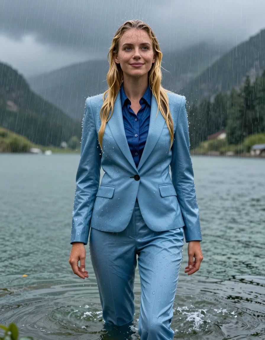 A stunning, full-body photorealistic shot of a young European woman with a long layered blonde haircut and a side parting, standing waist-deep in a serene mountain lake during a torrential rainstorm. She is wearing a light blue business suit, consisting of a tailored light blue jacket layered over a dark blue button-down long-sleeved shirt, and matching light blue business suit trousers. Every garment is completely soaked, fully drenched, and heavy with water, with the fabric clinging tightly to her body and becoming translucent where saturated. The wet clothing exhibits deep, rich color shifts, heavy folds, and a visible damp texture. Her skin and hair are glistening with water, showcasing a realistic wetlook effect with droplets and sheen. She is smiling softly with her eyes wide open, actively showering under the heavy rain. The setting is a dramatic, misty mountain lake environment under a dark, stormy sky. 4k resolution, cinematic lighting, sharp focus on the wet fabric textures, water droplets, and the glistening, drenched appearance of the subject.