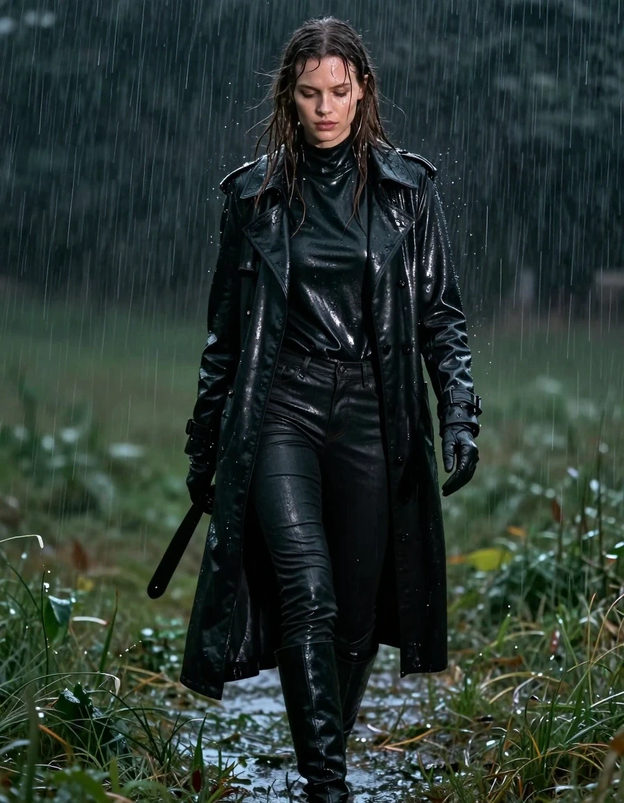 A stunning, photorealistic full-body shot of a young adult European woman with long, dripping wet brown hair, walking through a dark meadow during a heavy rainstorm. Her skin is glistening with rain, and her clothes are visibly saturated and heavy with water. She is wearing an oversize black leather polar neck shirt, a long black leather trench coat, black leather jeans, and black leather knee-high boots, with matching black leather gloves on both hands. The leather garments are drenched, displaying deep, dark tones, heavy folds, and intense, sharp specular highlights from the rain. The fabric clings to her frame, showing realistic water sheen and weight. The scene is set at night, with the heavy rain creating a blurred, atmospheric backdrop. The lighting is moody and dramatic, catching the water droplets and the glossy, wet textures of the leather. The image is highly detailed, emphasizing the realistic, non-nude, fully clothed appearance with clean anatomy and sharp focus on the wet textures.