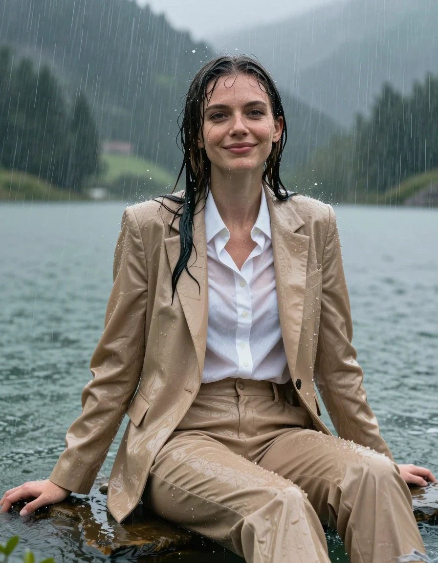 A young European woman with a long layered cut and side-parted hair, sitting in the deep water of a mountain lake during a heavy rainstorm. She is wearing a fully drenched beige business suit, consisting of a tailored beige jacket over a white button-down long-sleeve shirt and matching beige business suit trousers. The clothing is completely soaked, with the fabric clinging tightly to her body, becoming heavy, damp, and partially translucent, showing deep saturated tones and realistic wet fabric folds. She has wet skin, wet hair, and a visible water sheen, with a slight, gentle smile and open eyes as she showers under the heavy rain. The scene is captured in a full-body view with hyper-realistic wet textures, showcasing the interplay of water and fabric. 4k high resolution, cinematic lighting, dramatic storm atmosphere, highly detailed wet skin and saturated damp clothing.