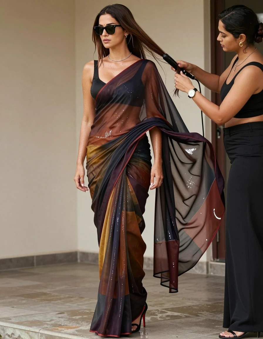 A photorealistic medium shot of a 20-year-old Australian woman with straight silky hair parted on the side, styling her hair with a hair straightener on a portico. She is wearing a single-color saree with an open pallu, paired with a smooth transparent chiffon blouse. She wears stiletto heels, a watch, meta Ray-Ban sunglasses, and a thin silver chain. The fabric of the saree and chiffon blouse is visibly wet, clinging to her skin with deep saturated tones, heavy folds, and a glossy water sheen. Beside her, another woman dressed in modern Western clothing is carefully adjusting the folds of the model's saree. The scene is captured with sharp focus, highlighting the wet texture of the garments and the reflective surfaces of her accessories, excluding any Indian models, hair buns, earrings, or gold jewelry. Natural daylight, high-resolution photography, cinematic lighting.