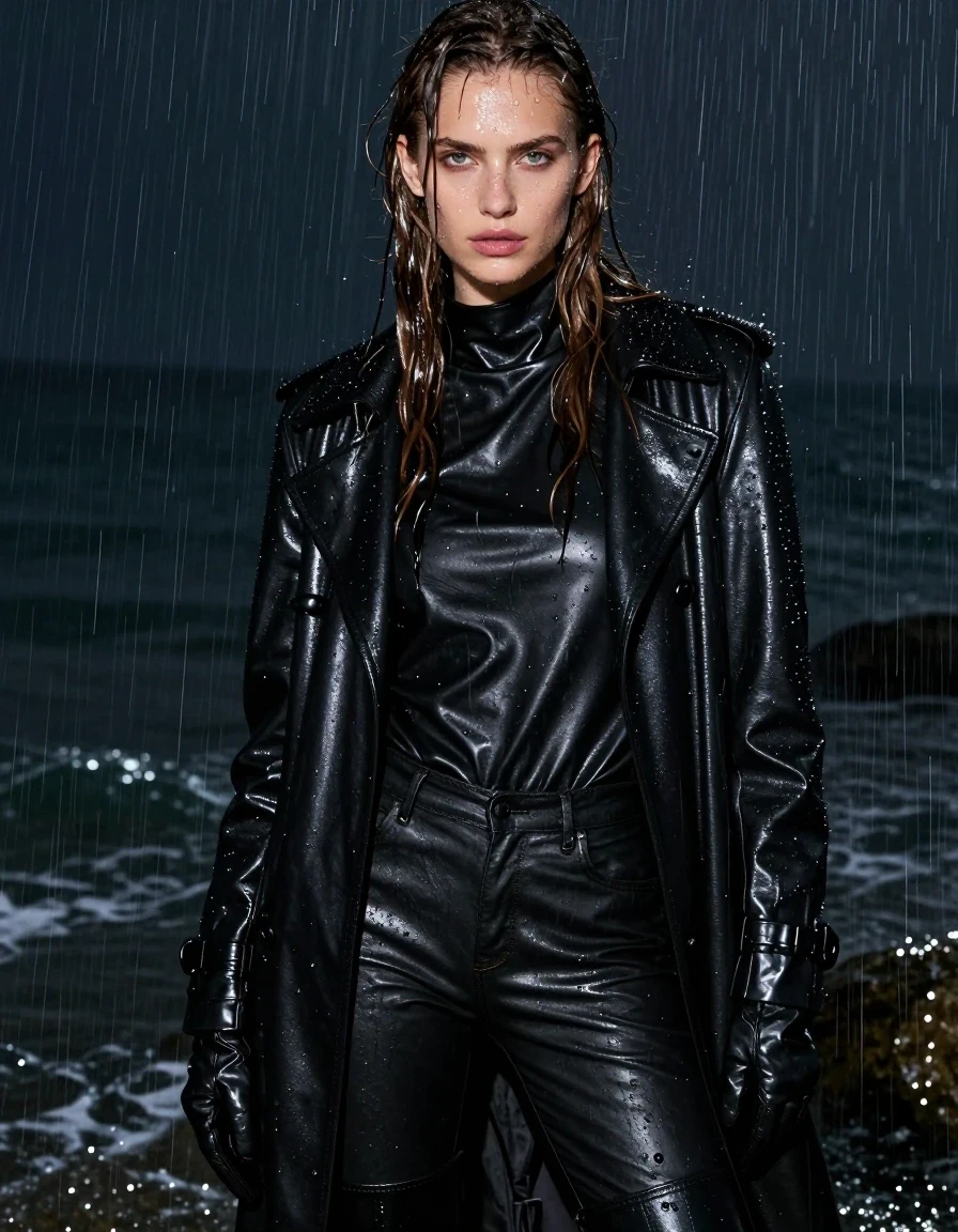 A stunning close-up portrait of a young European woman with long, dripping wet brown hair, captured at night in a dark ocean cove during a heavy rainstorm. Her skin is glistening with water, and she is drenched. She is wearing an oversize black leather polar neck shirt, black leather jeans, a long black leather trench coat, and black leather gloves on both hands, finished with black leather knee-high boots. The leather garments are heavily saturated, showing deep tones, glistening wet sheen, tight clinging folds, and water droplets cascading over the smooth surfaces. The atmosphere is moody and cinematic, with water actively dripping over her, creating a high-contrast look with sharp specular highlights on the wet leather and skin. The composition is a detailed close-up focusing on her face and upper attire. Professional photography, sharp focus on textures, photorealistic, high-resolution, no nudity, fully clothed.