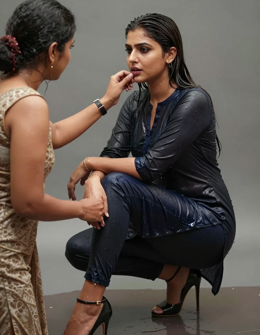 photo of young woman, in soaking wet, drenched clothes,
Stilletto heels, Leggings , Kurti, , 
enjoying, wet clothes stuck to body,
detailed textures of the wet clothes, wet face, wet plastered hair,
wet, drenched, professional, high-quality details, full body view.
sharp focus, ultra-high pixel detail, realistic, high-quality, full colors, incredibly detailed, 4k, 8k, 16k, hyper-realistic, RAW photo, masterpiece, ultra-detailed, professionally color graded, professional photograph, watch,  straight silky hairstyle , side hair part,  plain hem, gold thin chain, another women in western revealing clothes  seduces the model, wet skin, wet clothes, damp fabric
