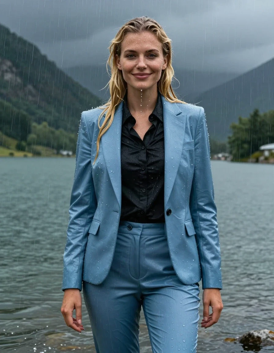 A photorealistic full-body shot of a young European woman with long layered blond hair in a side parting, standing in a mountain lake during a heavy rainstorm. She is wearing a light blue business suit jacket over a black button-down long-sleeve shirt and matching light blue business suit trousers. The woman is completely soaked and drenched, her clothes are heavy with water, clinging to her body, and the fabric is damp and translucent where the water has saturated the layers. Her skin is glistening with wetness, hair matted and wet, with droplets cascading down her face as she stands in deep water, smiling gently with open eyes. The environment is a dramatic mountain lake under a dark, stormy sky with heavy, visible rain streaks. The lighting is moody and natural, highlighting the glossy wet sheen on her skin and the deep, darkened, saturated tones of the wet fabric. High-resolution, 4k, cinematic photography, sharp focus on texture and water movement.