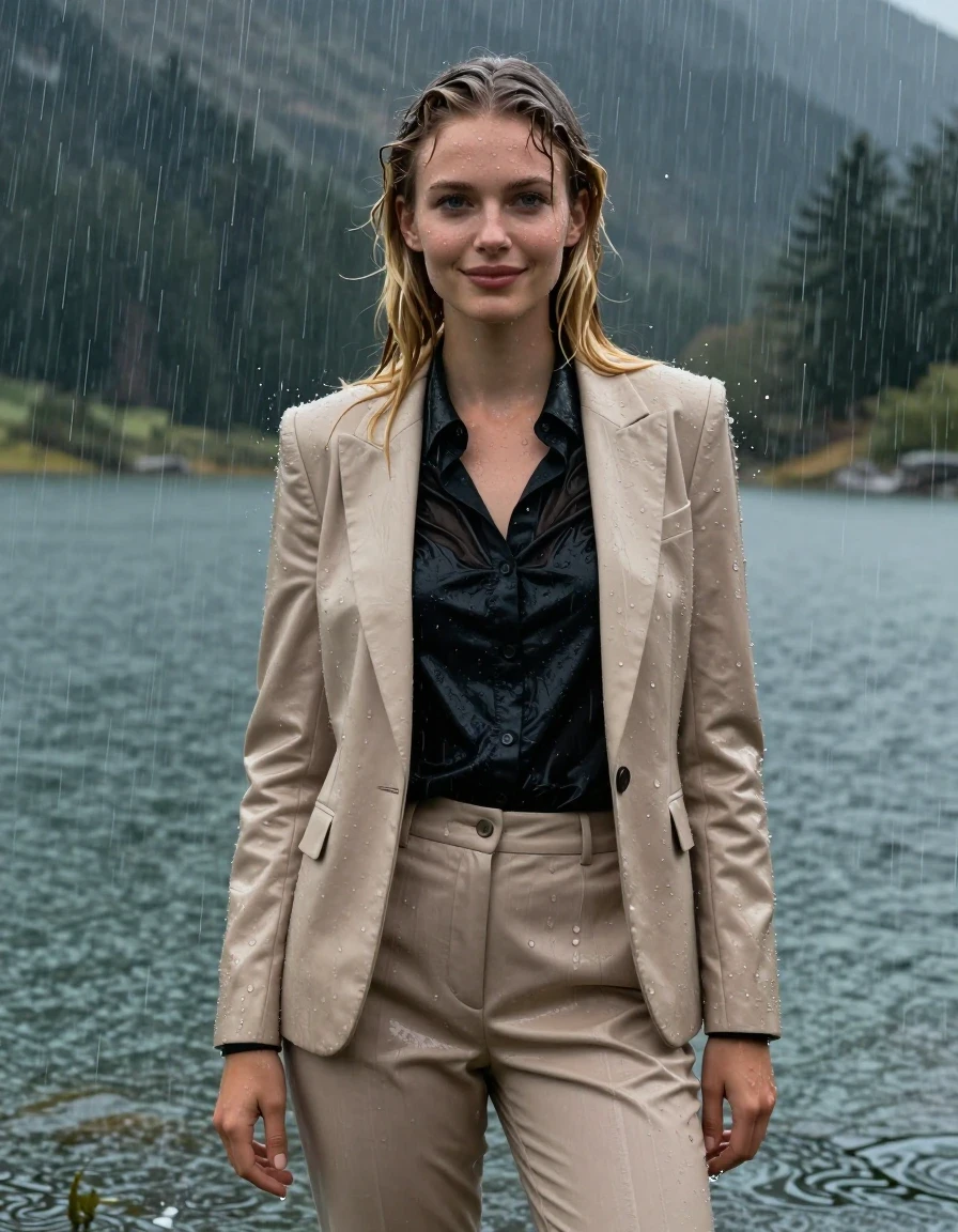 A stunning, photorealistic full-body shot of a young European woman with long, layered blonde hair in a side parting, standing in the middle of a mountain lake during a torrential rainstorm. She is wearing a beige business suit jacket over a black button-down long-sleeve shirt and matching beige business suit trousers. Her entire ensemble is completely soaked and drenched, with the damp fabric clinging tightly to her body, creating realistic folds, weight, and texture; the wet black shirt is partially translucent against her skin. Her skin is glistening with a wet sheen, and her hair is plastered to her head and shoulders by the heavy rain. She has an open-eyed, gentle, slight smile. The atmosphere is dark and dramatic, with heavy rain falling around her, creating ripples in the deep water of the lake. High-resolution, 4k, cinematic lighting, intense wetlook, water-saturated fabrics showing deep color shifts and glossy specular reflections on the wet surfaces, hyper-detailed skin texture, realistic droplets.