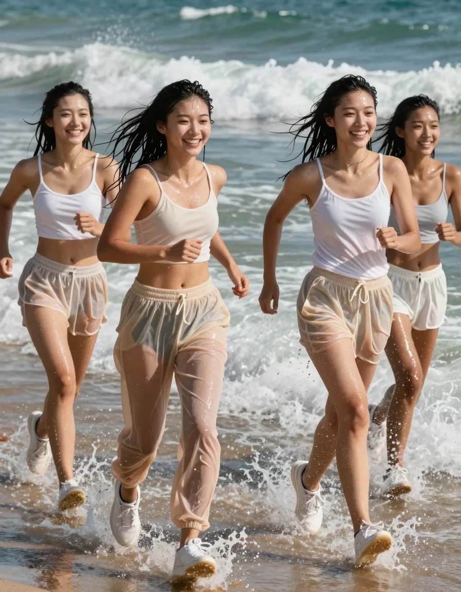 A photorealistic, high-detail wide shot of four beautiful young European women jogging along a scenic beach at the water's edge, caught in the crashing ocean waves. They are wearing light-colored tops and long, 80s-style jogging pants, with white sneakers on their feet. The women are thoroughly drenched by the surf, their skin and hair glistening with water, looking vibrant and sexy. Their clothing is heavily soaked, clinging to their bodies with visible water weight, darker color saturation, and realistic wet fabric folds. The light-colored tops and jogging pants are translucent and saturated with seawater, showing heavy wet patches and water sheen. The women are laughing and enjoying the sensation of getting soaked as they run through the surf. The scene is lit by natural, bright daylight that creates strong specular reflections on their wet skin and the water-logged fabric. The composition captures the dynamic movement of the waves crashing around their legs and ankles, with high-contrast, sharp focus on the textures of the wet clothing and the spray of the ocean.