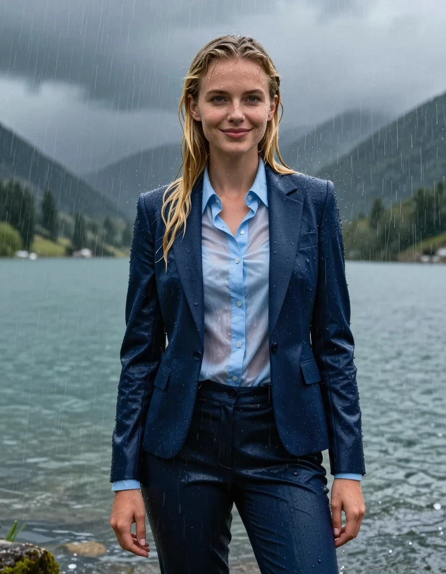 A stunning, full-body photorealistic portrait of a young European woman with long layered blond hair styled in a side parting, standing in the deep, cold water of a mountain lake during a torrential rainstorm. She is completely soaked and drenched, her skin glistening with water droplets and a natural wet sheen. She wears a dark blue business suit jacket over a light blue button-down long-sleeve shirt and matching dark blue business suit trousers. The fabric is thoroughly saturated, dark, and heavy with water, clinging tightly to her body and revealing the texture of the garments. The light blue shirt is damp and translucent against her skin. She is smiling gently with open, clear eyes, looking directly ahead while showering under the heavy rain. The environment features a moody mountain lake backdrop with gray, swirling storm clouds and intense, visible rainfall. High-resolution 4k photography, sharp focus on wet skin and fabric textures, atmospheric lighting, hyper-realistic water physics, clinging damp fabric, deep saturated colors, professional cinematic composition.