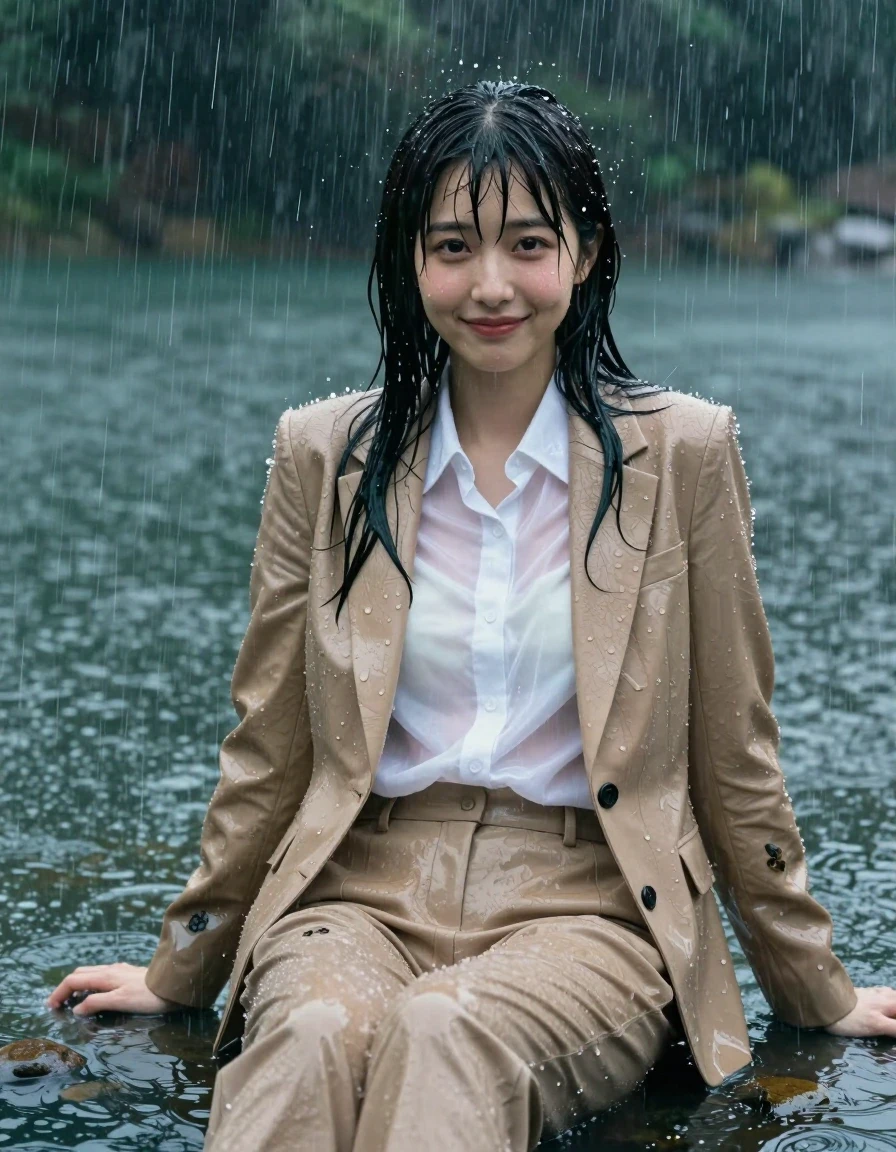 A stunning, photorealistic full-body shot of a young Japanese woman with a long layered cut and side-parted hair, sitting in the deep, cold water of a mountain lake during a fierce rainstorm. She is wearing a beige business suit jacket over a white button-down long-sleeve shirt and matching beige business suit trousers. The entire outfit is completely soaked and drenched, with the fabric heavily saturated and clinging tightly to her body. The white shirt becomes translucent from the water, revealing subtle skin tones underneath. Her skin and hair are glistening with water, and the wet fabric of the beige suit displays deep color shifts, heavy folds, and dark, damp patches where the water has absorbed. She is smiling softly with her eyes open, looking directly ahead while being showered by heavy, driving rain. The atmosphere is moody and cinematic, with high-contrast lighting reflecting off her wet skin and the saturated, clinging fabric. 4k high resolution, hyper-detailed textures, photographic quality, water droplets splashing on the lake surface, intense wetlook aesthetic.
