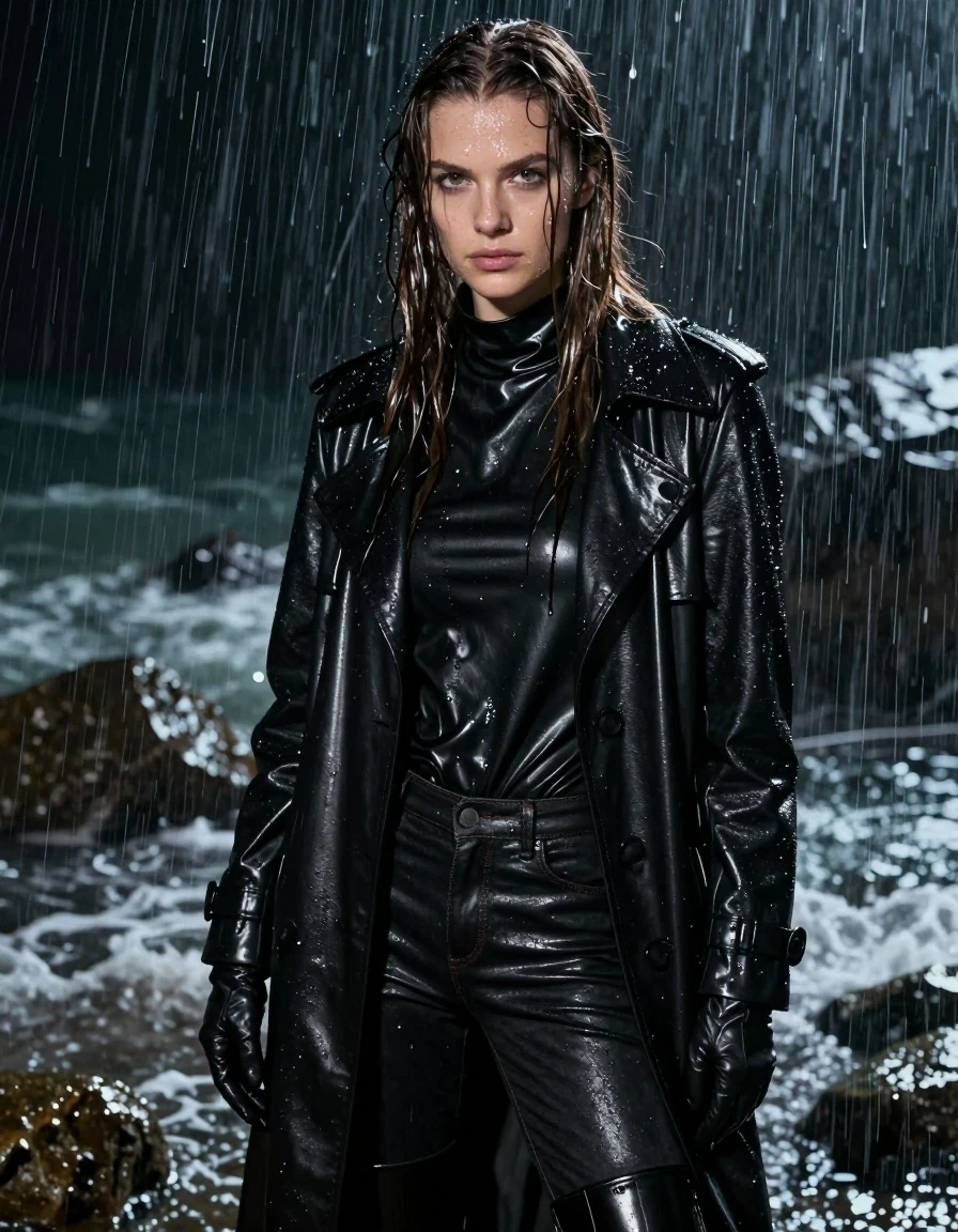 A close-up photorealistic portrait of a young adult European woman with long, dripping wet brown hair and glistening wet skin. She is wearing an oversized black leather polar neck shirt, a black leather trench coat, black leather jeans, and black leather gloves on both hands, with black leather knee-high boots. The clothing is heavily drenched, exhibiting deep wet textures, clinging fabric, and glossy specular highlights from the moisture. She is standing in a rocky ocean cove at night during a heavy rainstorm, with water actively dripping over her, creating a saturated, drenched appearance. The lighting is moody and atmospheric, highlighting the sheen on the wet leather and the water droplets on her face and hair. High-detail photographic quality, sharp focus, cinematic lighting, no nudity, fully clothed, realistic textures.