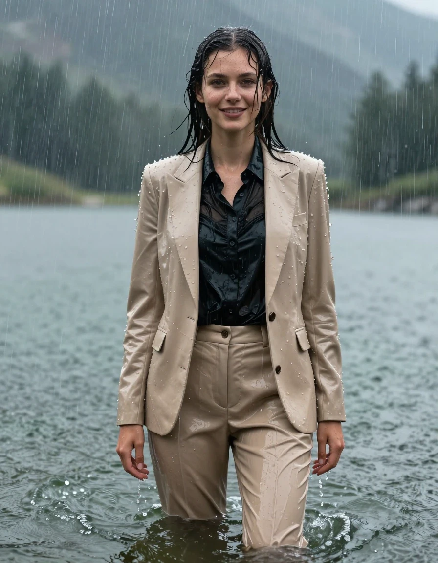 A young European woman with a long layered cut and side-parted hair, standing in deep water at a mountain lake during a heavy rainstorm. She is wearing a beige business suit jacket over a black button-down long-sleeve shirt and beige business suit trousers. The clothing is completely soaked, fully drenched, and heavy with water, with the beige fabric appearing significantly darker and clinging to her body, and the black shirt becoming translucent from the saturation. Her skin is wet with a natural sheen, and she has a slight smile with open eyes, looking directly ahead. The environment features a dramatic rainstorm with torrential rain falling around her, creating visible water ripples and splashes. 4k high resolution, hyper-realistic wetlook, sharp focus on the damp fabric texture, clinging folds, and glossy water-saturated surfaces, cinematic lighting, full-body view.