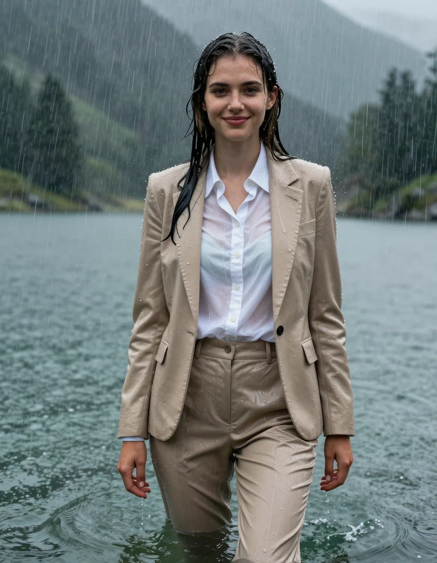 A full-body photograph of a young European woman with a long layered cut and side-parted hair, standing in the deep, cold water of a mountain lake during a torrential rainstorm. She is wearing a beige business suit jacket over a white button-down long-sleeve shirt and matching beige business suit trousers. The clothing is completely soaked, heavy with water, and clinging tightly to her body, with the white shirt becoming translucent due to the saturation. Her skin is glistening with rain, and her hair is wet and slicked. She is smiling softly with open eyes, looking directly ahead while being showered by heavy, visible rain. The environment is a dramatic, moody mountain lake under a storm. The image features 4k high resolution, realistic wet textures, deep water-saturated fabric folds, glossy specular highlights on wet skin and damp clothing, cinematic lighting, and a sharp, photorealistic aesthetic.