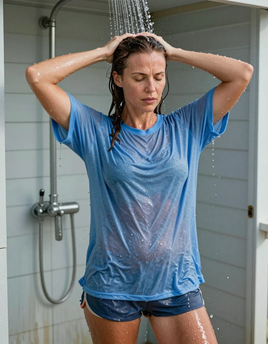 A photorealistic medium shot of a fit mid-30s European woman with chestnut hair, standing directly under an outdoor shower at a beach cottage. Her hair is thoroughly drenched and slicked back, with water actively cascading off the crown of her head and streaming down her face and neck. She is captured in the moment of smoothing her wet hair back with both hands. She is wearing an oversized light blue t-shirt, worn topless underneath, which is completely saturated, clinging to her torso, and form-fitting due to the heavy water absorption. She wears extra short athletic shorts and simple flip-flops on her feet. The lighting is natural beach daylight, highlighting the glossy sheen of her wet skin and the deep, darkened color of her soaked t-shirt. Water droplets are captured mid-air and clinging to her skin and clothing, creating a realistic, high-detail wetlook aesthetic. Sharp focus, high resolution, cinematic texture, realistic water physics.