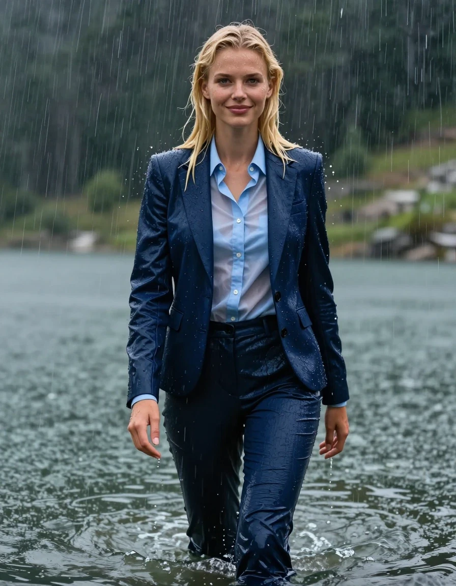 A stunning, full-body photorealistic shot of a young European blonde woman with a long layered cut and side-parted hair, standing in deep water at a mountain lake during a torrential rainstorm. She is fully clothed in a dark blue business suit, consisting of a tailored jacket over a light blue button-down long-sleeve shirt and matching dark blue business suit trousers. The entire outfit is completely soaked, drenched, and clinging to her body, with the fabric visibly heavy, damp, and darkened by the water. The light blue shirt is translucent from the heavy rain, revealing subtle skin tones underneath. Her skin and hair are glistening with water sheen, and she has a gentle, soft smile with open eyes. The environment is dark and moody with heavy rain falling, creating a dramatic, high-resolution 4k atmosphere. The wet fabric exhibits realistic folds, clinging textures, and deep saturation, with water cascading off her form. Cinematic lighting catches the droplets and the wet sheen on her skin and clothing.