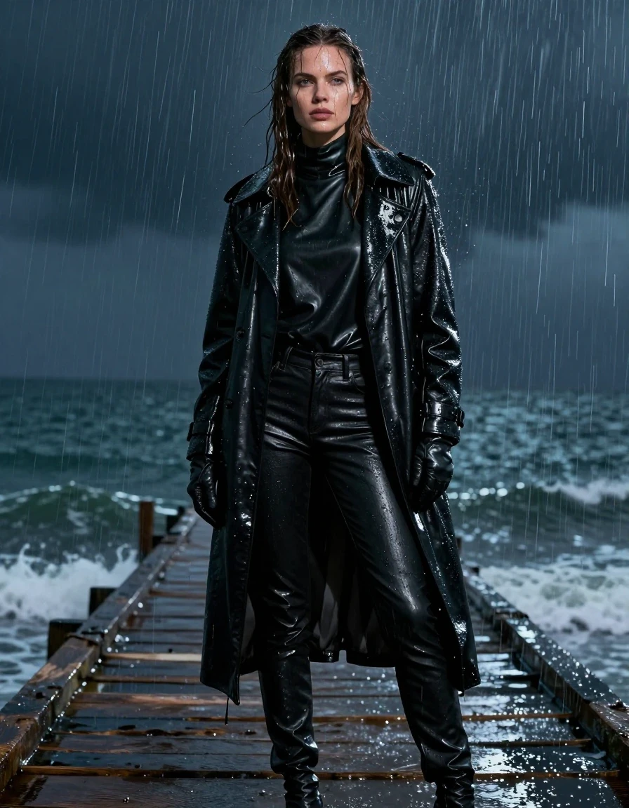 A photorealistic full-body portrait of a young adult European woman with long, dripping wet brown hair, standing on a weathered wooden pier overlooking the ocean at night during a heavy rainstorm. She is wearing an oversized black leather polar neck shirt, black leather jeans that are heavy with water and clinging to her legs, a long black leather trench coat drenched and glistening, and black leather gloves. Her skin is slick with rain, and her clothes are visibly soaked, with dark, heavy textures, water sheen, and deep folds reflecting the ambient moonlight. The atmosphere is moody and cinematic, with rain streaks cutting through the dark air. The composition is a sharp, high-detail photograph, capturing the texture of the wet leather, the glossy highlights on the fabric, and the damp environment. Entirely clothed, no nudity, clean anatomy, realistic rain-drenched aesthetic.