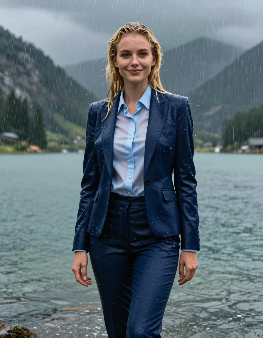 A stunning, full-body photorealistic shot of a young European woman with long blonde layered hair in a side parting, standing in the deep, cold water of a mountain lake during a torrential rainstorm. She is fully clothed in a dark blue business suit, consisting of a tailored dark blue suit jacket worn over a light blue button-down long-sleeve shirt and matching dark blue business suit trousers. The entire outfit is completely soaked, drenched, and clinging to her body, with the light blue shirt becoming translucent from the heavy rain. Her skin is glistening with water, and her hair is matted and wet, clinging to her face. She has a faint, gentle smile and her eyes are wide open, looking towards the camera as the rain pours down over her. The fabric of the suit is visibly heavy, damp, and darkened by the water, showing clear texture and folds where the material clings to her form. The background features a dramatic, moody mountain lake under a dark, stormy sky with intense rain streaks. 8k resolution, cinematic lighting, hyper-realistic water droplets, high-contrast wet skin textures, sharp focus, professional photography.