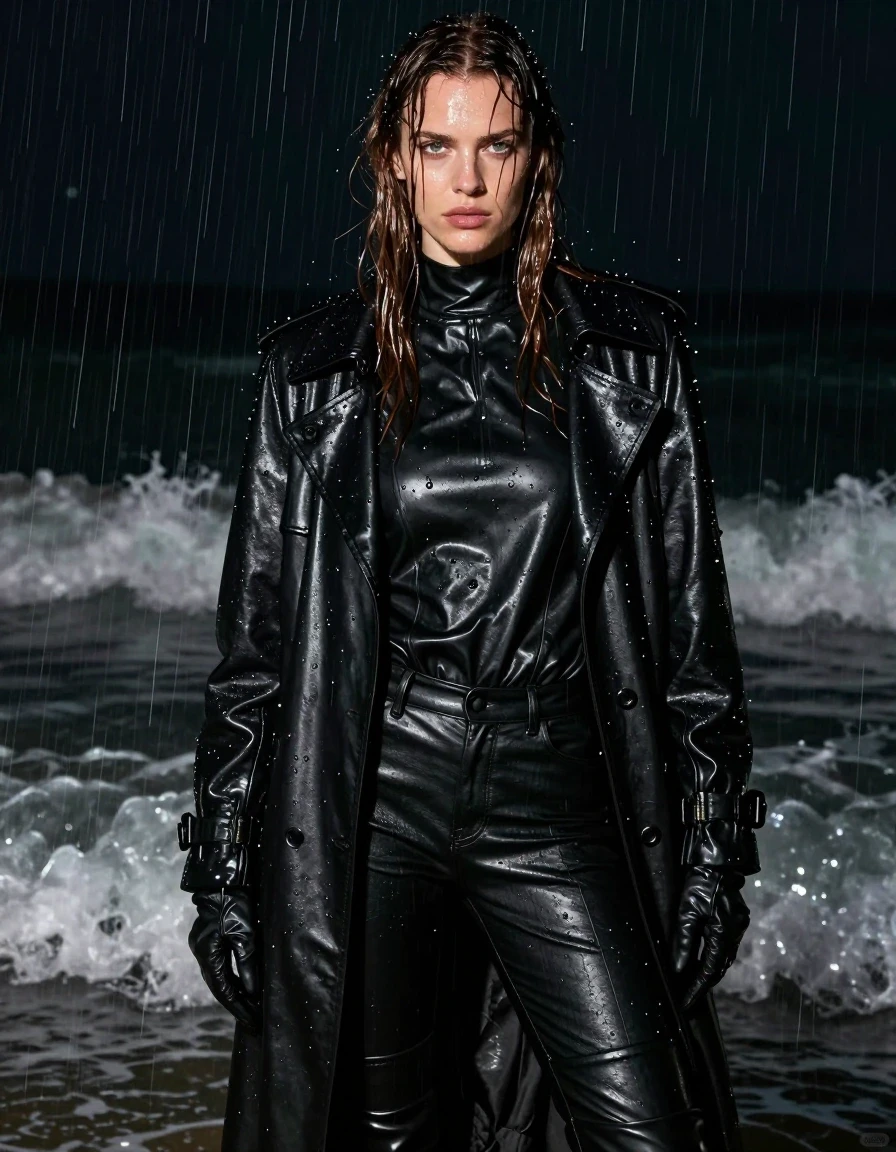 A close-up of a young adult European woman with long, dripping wet brown hair and glistening wet skin, standing in the ocean surf at night during heavy rain. She is wearing an oversize black leather polar neck shirt, a long black leather trench coat, black leather jeans, and black leather knee-high boots, with leather gloves on both hands. All leather garments are drenched, featuring heavy water sheen, dark saturated tones, and visible water droplets clinging to the material. The fabric shows heavy, wet folds and clinging textures from the downpour and crashing waves. The scene is illuminated by moody, low-key night lighting that highlights the glossy specular reflections on the wet leather and the water streaming down her face and clothing. The atmosphere is dark and cinematic, emphasizing the drenched texture of the hair and the heavy, saturated weight of the leather attire.