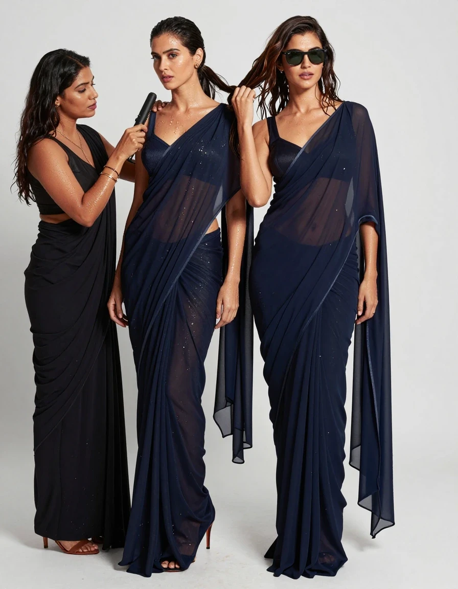 photo of young woman, in soaking wet, drenched clothes,
Stilletto heels, , Smooth transparent chiffon salwar, blouse, Styling her hair with hair straightener portico,, Australian model, 
enjoying, wet clothes stuck to body,
detailed textures of the wet clothes, wet face, wet plastered hair,
wet, drenched, professional, high-quality details, full body view.
sharp focus, ultra-high pixel detail, realistic, high-quality, full colors, incredibly detailed, 4k, 8k, 16k, hyper-realistic, RAW photo, masterpiece, ultra-detailed, professionally color graded, professional photograph, watch,  straight silky hairstyle , single colour saree , side hair part, open pallu , 20 aged, meta Ray-Ban sunglasses , plain hem, gold thin chain, another women in western outfit adjusting the models saree, wet skin, wet clothes, damp fabric