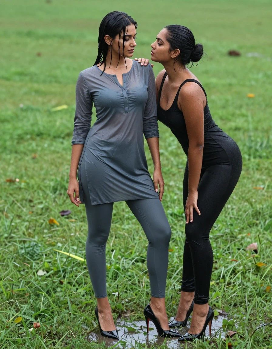 A photorealistic, high-detail wide shot of a young adult European woman standing on a lush, rain-drenched green lawn, wearing a soaked, clinging kurti and tight, form-fitting leggings, with high-gloss stiletto heels sinking slightly into the wet earth. Her hair is styled with a sharp side part, dripping with water and clinging to her face and shoulders. Beside her, another woman dressed in revealing, modern western-style clothing leans in closely, seducing her with an intense gaze and intimate posture. Both women have wet, glistening skin and drenched clothing that clings to their bodies, showcasing realistic fabric textures and heavy, dark, water-saturated folds. The scene is captured with sharp focus, emphasizing the sheen of water on skin and fabric, vibrant natural lighting reflecting off the damp environment, and professional cinematic depth of field.