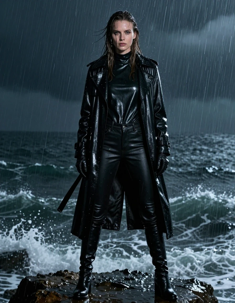 A photorealistic full-body portrait of a young adult European woman with long, dripping wet brown hair, standing on a jagged cliff edge overlooking a dark, turbulent ocean at night during a heavy rainstorm. She is wearing an oversized black leather polar neck shirt, a long black leather trench coat, and tight black leather jeans tucked into black leather knee-high boots, with leather gloves on both hands. Her skin is glistening with rainwater, and her leather clothing is heavily drenched, featuring a distinct, high-gloss wet sheen, water-saturated surfaces, deep dark tones, and heavy, clinging folds that emphasize the material's weight. The rain is visibly pouring down, creating water rivulets across her wet face and clothes. The atmosphere is moody and cinematic, illuminated by cold, harsh moonlight and the faint spray of the crashing waves. High-detail textures, 8k resolution, realistic rain physics, dramatic lighting, sharp focus on fabric folds and wet skin textures, avoiding all nudity.