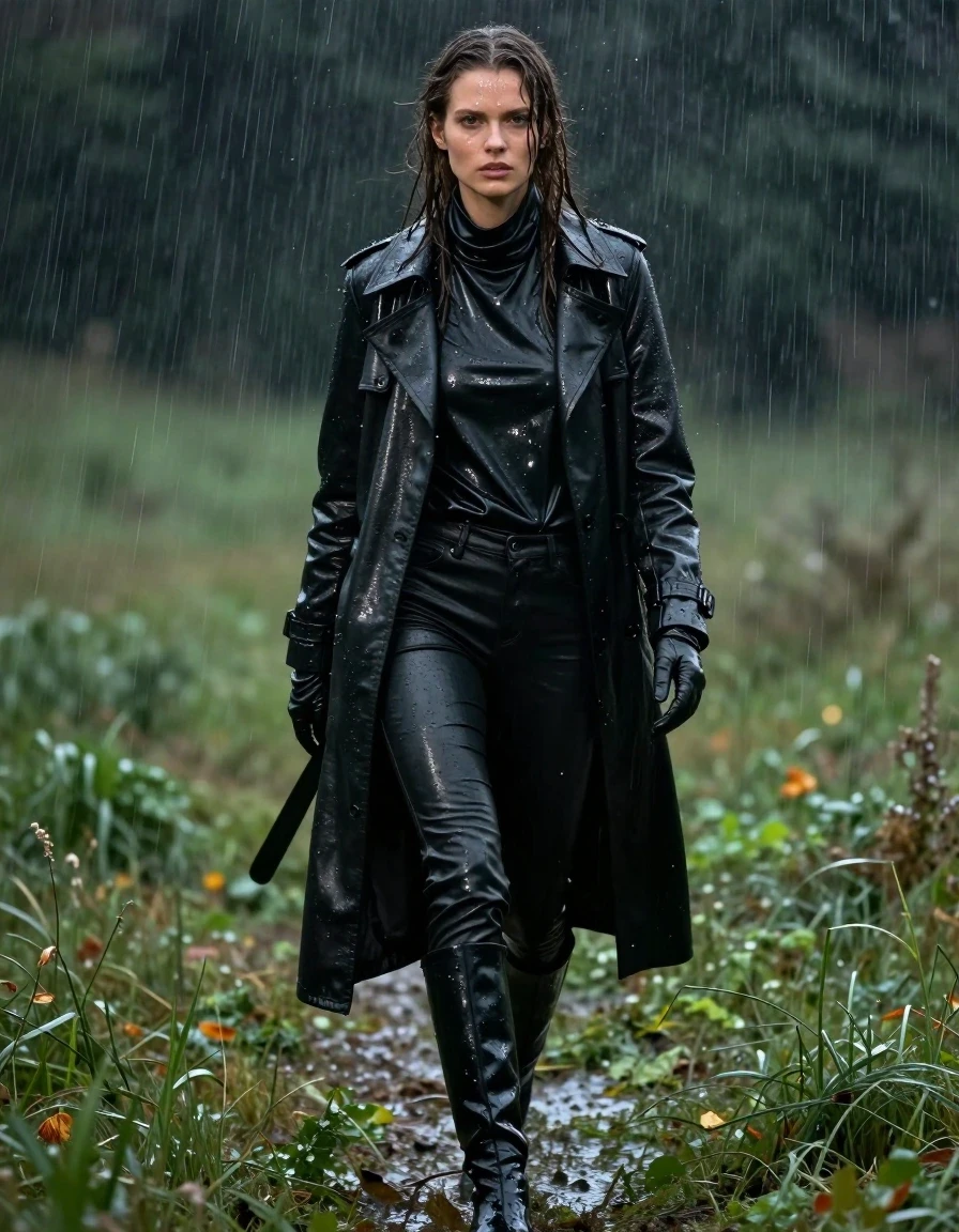 A stunning, photorealistic full-body shot of a young adult European woman with long, dripping wet brown hair, walking through a dark meadow during a heavy rainstorm. Her skin is glistening with rainwater, and her expression is focused. She is wearing a sleek black leather trench coat layered over an oversize black leather polar neck shirt, and black leather jeans that cling to her legs with heavy wet folds and a high-sheen, slick surface. Her hands are encased in fitted black leather gloves, and she wears tall, black leather knee-high boots that are splashed with mud and water. The entire outfit is thoroughly drenched, exhibiting deep, saturated tones, heavy water-slicked textures, and intense specular reflections from the rain. The environment is a dark, atmospheric meadow at night, with heavy rain visible in the air, creating a moody, cinematic lighting effect. The scene is captured with sharp focus, highlighting the tactile quality of the wet leather, the clinging fabric, and the realistic wetness on her hair and skin, ensuring a professional photographic quality with clean anatomy and no nudity.