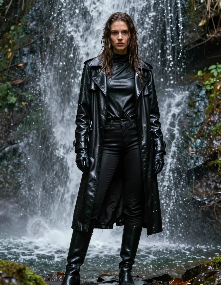 A photorealistic full-length shot of a young adult European woman with long dripping wet brown hair, standing directly under a powerful waterfall in a lush forest. Her skin is glistening with water, and she is wearing an oversize black leather polar neck shirt, black leather jeans, black leather gloves, and a long black leather trench coat, all thoroughly drenched. The leather garments show heavy water sheen, deep dark tones, and visible water droplets running down the surfaces. She is wearing black leather knee-high boots that are soaking wet. The scene is captured with realistic water spray, mist, and heavy moisture clinging to her clothing and hair. The lighting is natural, diffused forest light, highlighting the wet texture of the leather and the saturated appearance of the fabric. The image is strictly non-nude, focusing on the textures of wet leather and water-drenched clothing, sharp focus, cinematic composition, 8k resolution, highly detailed skin texture, and realistic water physics.