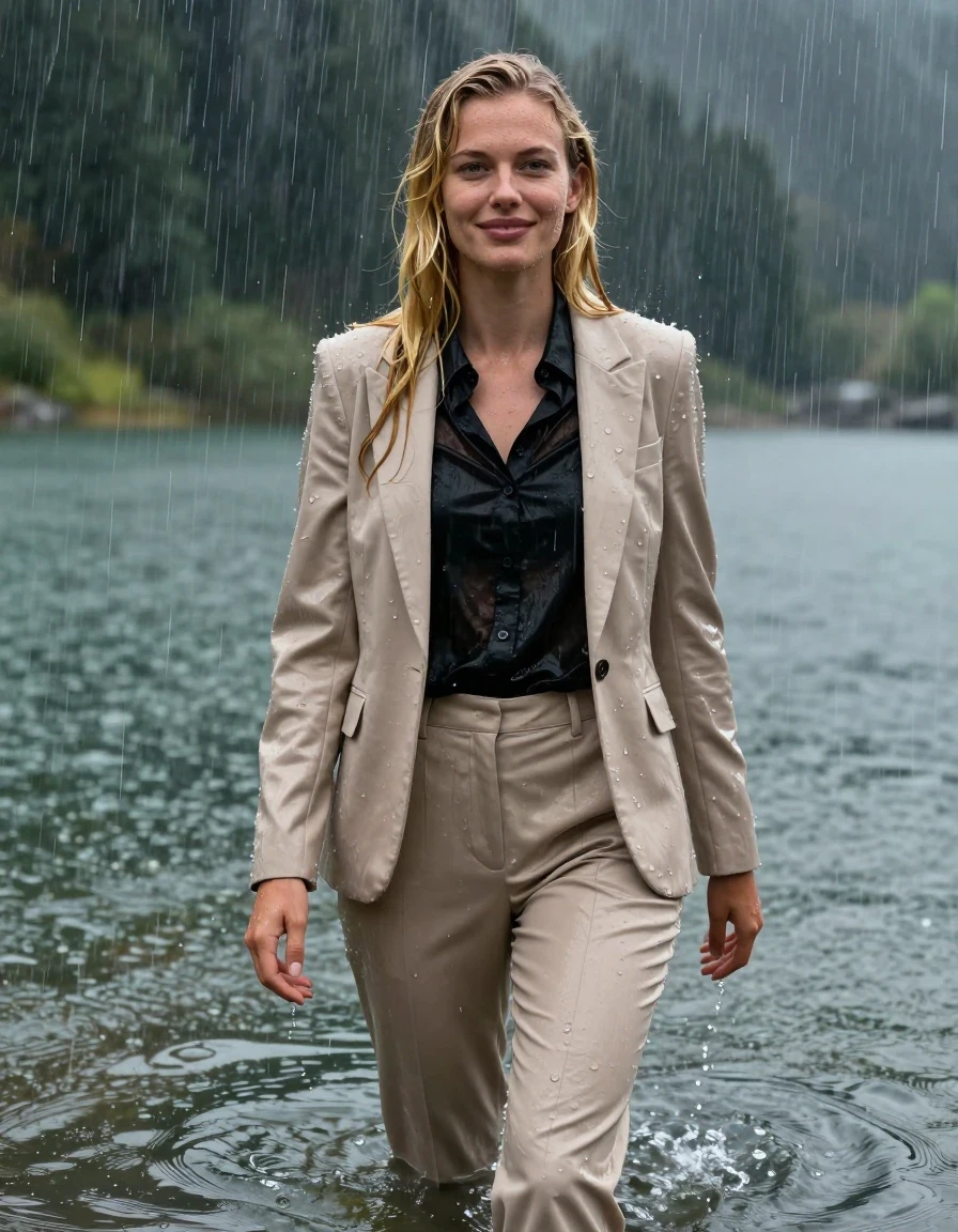 Full body shot of a young European woman with long layered blond hair in a side parting, standing in a mountain lake during a torrential rainstorm. She is wearing a beige business suit jacket over a black button-down long-sleeve shirt and beige business suit trousers. The clothing is completely soaked, drenched, and heavy with water, with the fabric clinging tightly to her body and the black shirt becoming translucent due to the saturation. Her skin and hair are glistening with water, featuring a realistic wetlook sheen. She has an open-eyed, subtle smile. The heavy rain creates visible ripples in the deep water around her legs and streaks through the air. The lighting is moody and atmospheric, highlighting the damp texture of the fabric, the glossy sheen on her wet skin, and the deep, saturated tones of the soaked business attire. 4k high resolution, hyper-realistic, cinematic photography.