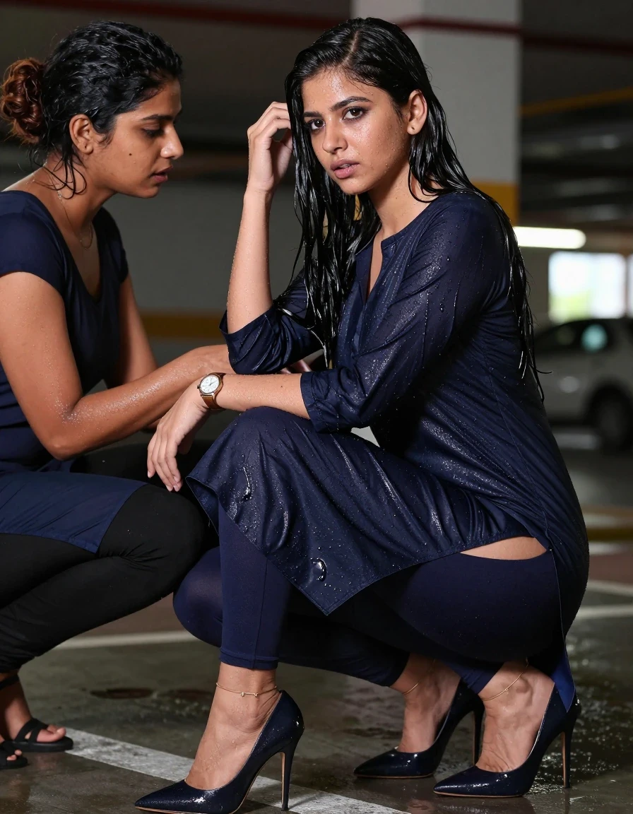 photo of young woman, in soaking wet, drenched clothes,
Stilletto heels, Leggings , Kurti,  car park,, Australian model, 
enjoying, wet clothes stuck to body,
detailed textures of the wet clothes, wet face, wet plastered hair,
wet, drenched, professional, high-quality details, full body view.
sharp focus, ultra-high pixel detail, realistic, high-quality, full colors, incredibly detailed, 4k, 8k, 16k, hyper-realistic, RAW photo, masterpiece, ultra-detailed, professionally color graded, professional photograph, watch,  straight silky hairstyle , side hair part,  plain hem, gold thin chain, another women in western revealing clothes  seduces the model, wet skin, wet clothes, damp fabric