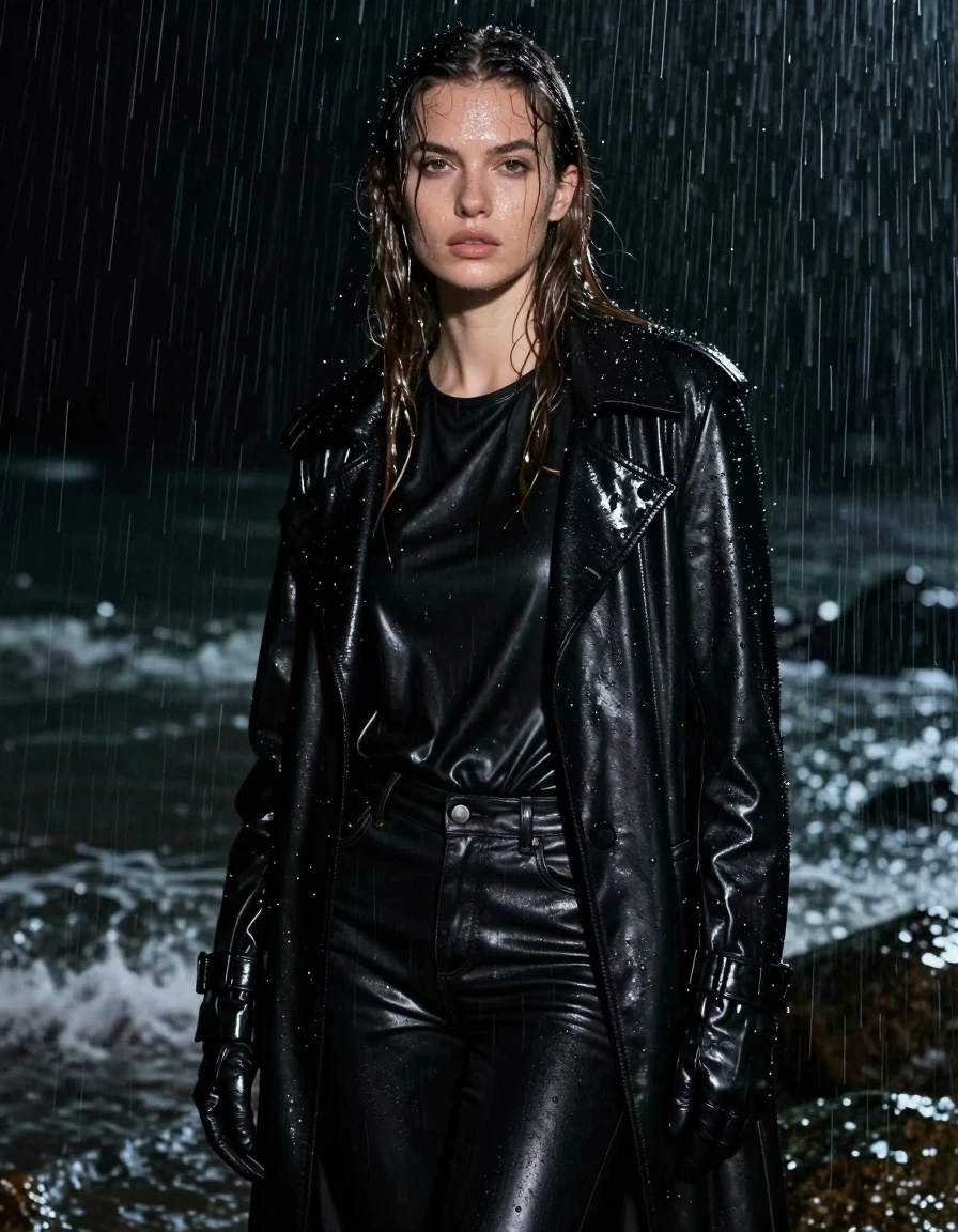 A stunning close-up of a young adult European woman with long, dripping wet brown hair, her skin glistening with water droplets and a high-sheen wet texture. She is dressed in an ensemble of black leather: an oversize black leather polar neck shirt, sleek black leather jeans clinging to her legs, a long black leather trench coat, and fitted black leather gloves. The leather is heavily drenched, exhibiting deep, dark tones, heavy wet folds, and intense specular highlights from the rain. She is standing in a dark, atmospheric ocean cove at night during a heavy rainstorm, with water cascading over her. The scene is captured with sharp photographic detail, emphasizing the contrast between the saturated, glossy black leather and the dark, moody environment. The composition focuses on her intense expression and the texture of the wet materials, ensuring fully clothed, modest attire throughout.