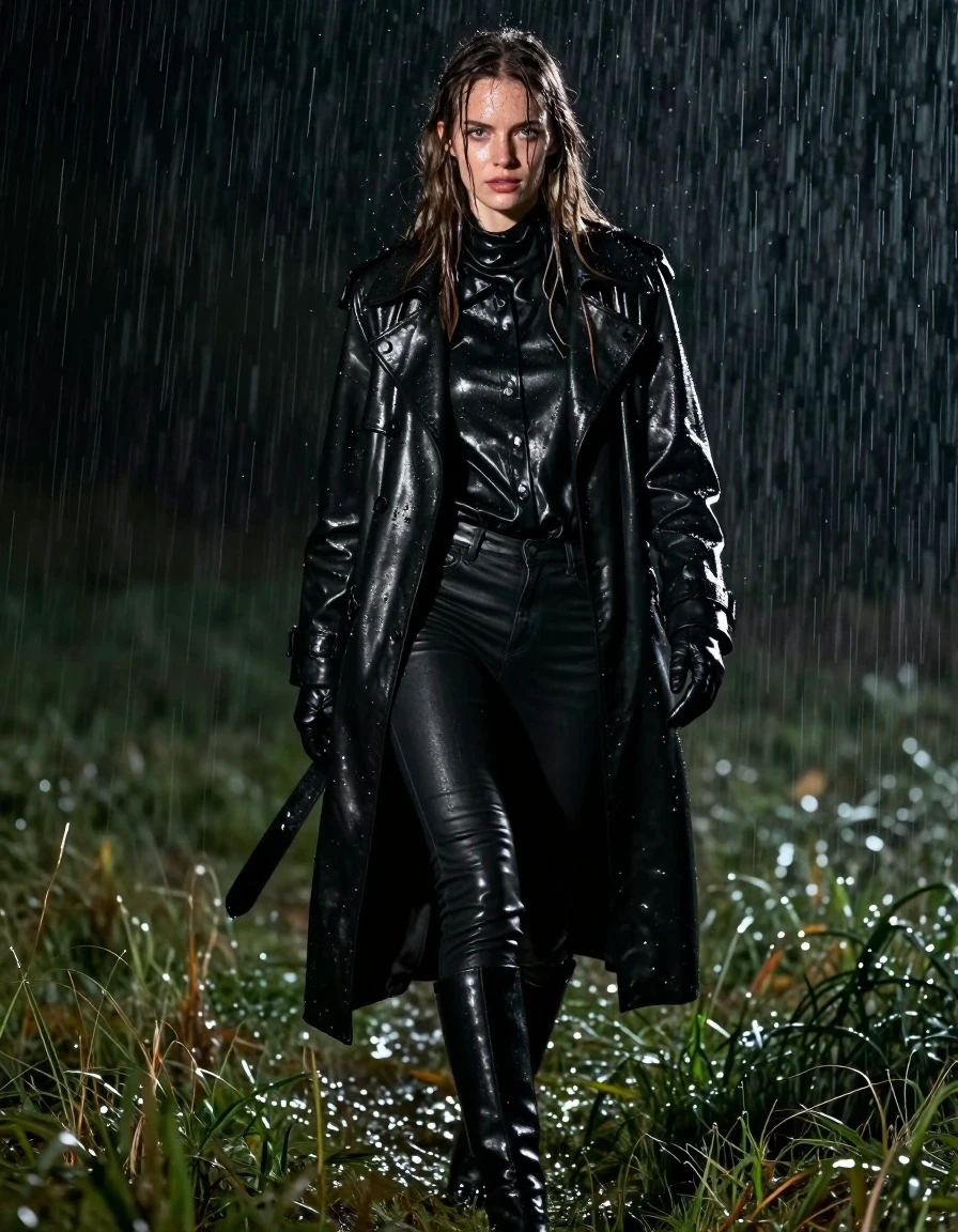 A stunning, photorealistic full-body shot of a young adult European woman with long, dripping wet brown hair walking through a dark meadow during a torrential downpour at night. Her skin is glistening with rain, and her clothes are visibly drenched and heavy. She is wearing an oversized black leather polar neck shirt, black leather gloves, a long black leather trench coat, and tight black leather jeans tucked into black leather knee-high boots. The leather garments are saturated with water, exhibiting deep, dark tones, heavy folds, and intense, sharp specular highlights from the rain and ambient night lighting. The fabric clings to her form, emphasizing the texture and weight of the soaked leather. The environment is dark and moody, with heavy rain streaks visible in the air, creating a shimmering, wet atmosphere. Cinematic lighting, high-contrast, sharp focus, 8k resolution, highly detailed texture, no nudity, fully clothed.