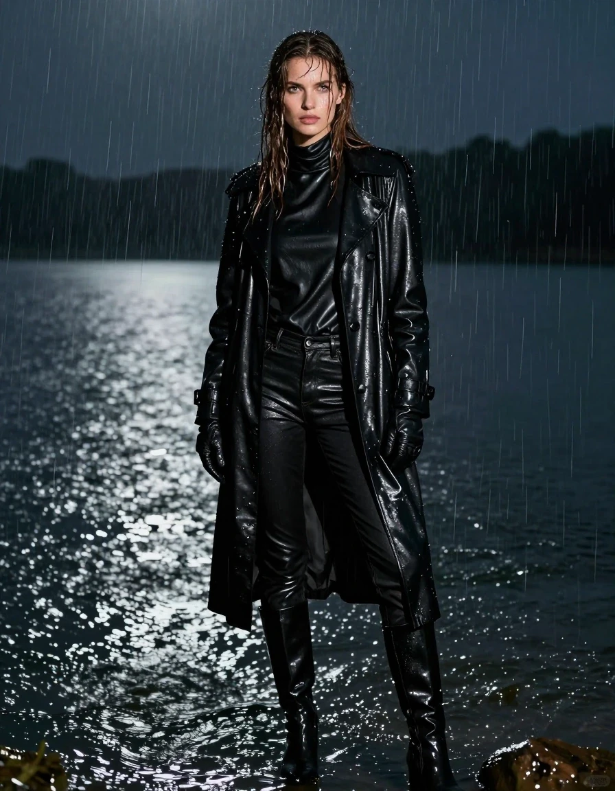 A photorealistic full-body shot of a young adult European woman with long, dripping wet brown hair, standing deep in a lake at night during a heavy rainstorm. She is wearing an oversize black leather polar neck shirt, a long black leather trench coat, black leather jeans, and black leather knee-high boots, with leather gloves on both hands. Her skin and hair are drenched, glistening with water, and her leather clothing is heavily saturated, showing deep dark tones, heavy wet folds, and intense glossy specular reflections from the rain. The fabric clings to her body, highlighting the texture of the wet leather. She is fully clothed with no nudity. The scene is illuminated by moonlight reflecting off the turbulent, rain-lashed surface of the lake, creating a moody, cinematic atmosphere with high-contrast lighting and sharp photographic detail.
