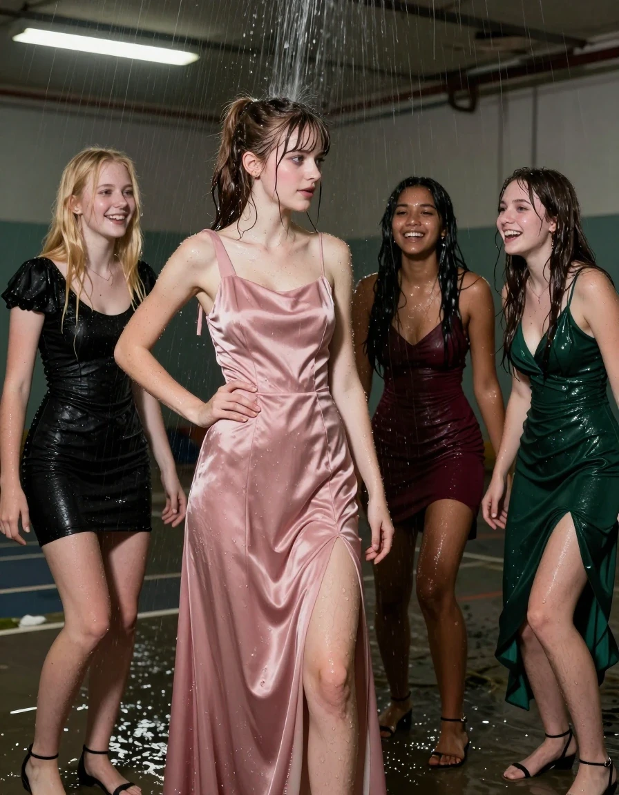 photo of young woman, in soaking wet, drenched clothes,
, , dress, 4 college girls playing at prom in a dark flooded and abandoned gym with all its lights when it started pouring water from the ceiling on them, they are all dirty and covered in muck, 
enjoying, wet clothes stuck to body,
detailed textures of the wet clothes, wet face, wet plastered hair,
wet, drenched, professional, high-quality details, full body view.
sharp focus, ultra-high pixel detail, realistic, high-quality, full colors, incredibly detailed, 4k, 8k, 16k, hyper-realistic, RAW photo, masterpiece, ultra-detailed, professionally color graded, professional photograph, college girls both having fun together. All a similar age, a nineteen year old girl, with a flat and slim body, skinny body, flat and skinny chest, a She has a wide square young face but a small very skinny waist and skinny legs, a very small chest and very small breasts, she is a pale brunette with ponytail and bangs, She has a small body, She is full of youthful energy. wearing a pink formal satin cocktail dress with a straight neckline and loose dress straps, her right dress strap has fallen off her shoulder and down her arm, she has her hands on her hips,. Her friend has blonde hair and is quite skinny, ,a wide square face, she is wearing a fit black short sleeve coctail dress. The third girl is 19, with a tan complexion and dark black hair, she is wearing a maroon mini dress, The 4th girl is brunette with a small body and thin legs, she is wearing a green prom dress, all of them except the blonde girl have very small breasts. wet skin, wet clothes, damp fabric,, wet skin, wet clothes, damp fabric, wet skin, wet clothes, damp fabric, wet skin, wet clothes, damp fabric, wet skin, wet clothes, damp fabric, wet skin, wet clothes, damp fabric, wet skin, wet clothes, damp fabric, wet skin, wet clothes, damp fabric, wet skin, wet clothes, damp fabric