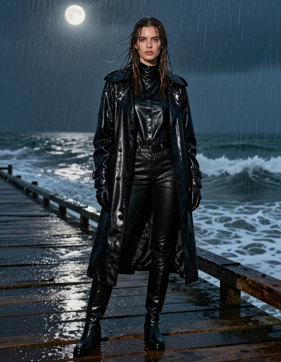 A photorealistic full-body shot of a young adult European woman with long, dripping wet brown hair, standing on a weathered wooden pier overlooking the ocean at night during a torrential downpour. She is dressed in an oversize black leather polar neck shirt, black leather jeans, and a long black leather trench coat, with black leather gloves on both hands and black leather knee-high boots. Every piece of leather is heavily drenched, exhibiting a high-gloss wet sheen, deep saturated tones, and heavy clinging folds that follow the contours of her body. Her skin is glistening with rain, and her hair is matted and saturated with water. The environment is dark and atmospheric, illuminated by cold moonlight reflecting off the wet wooden planks and the stormy sea. The image captures intense realistic texture, moisture-heavy clothing, and a dramatic, moody aesthetic. Clean anatomy, fully clothed subject, no nudity, high-contrast lighting, sharp focus on fabric textures and water droplets.